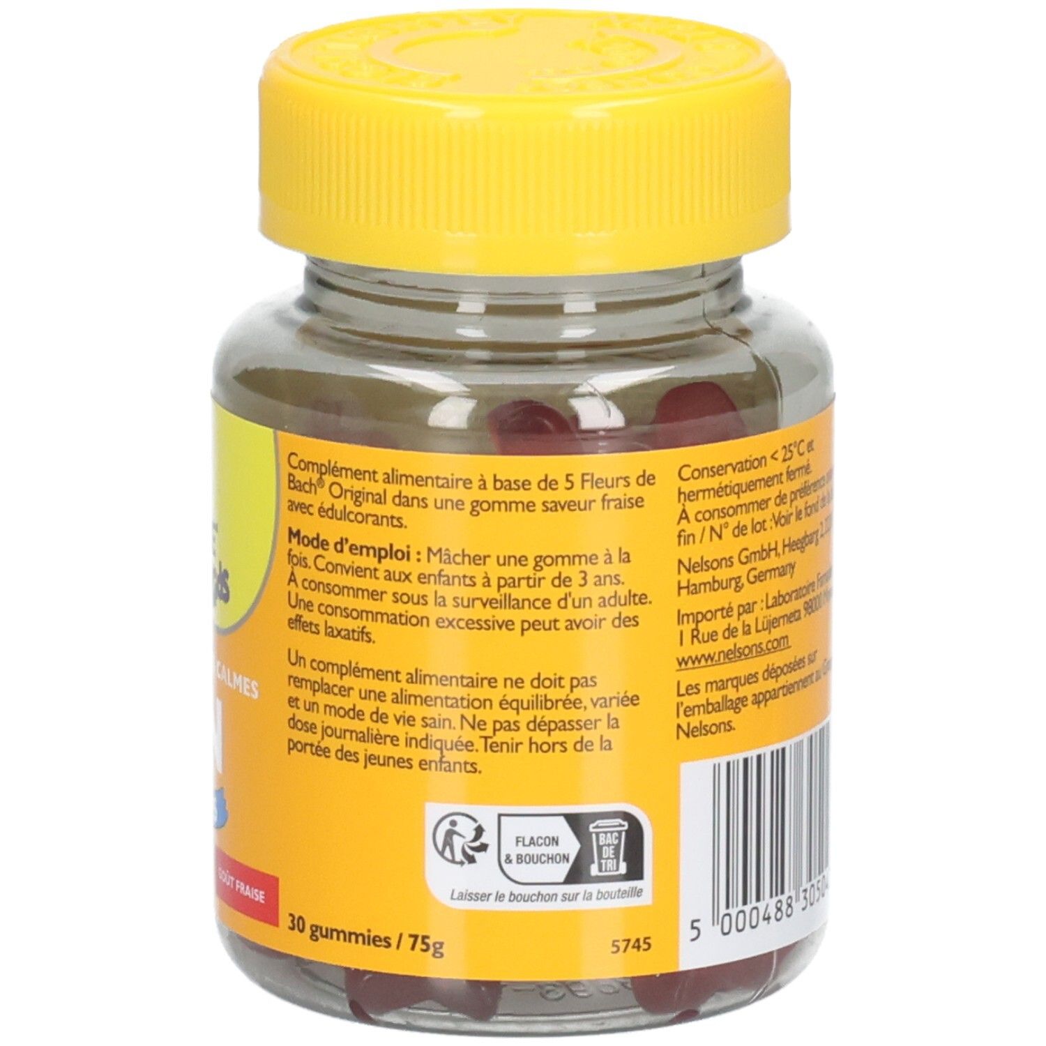 Dos du flacon avec bouchon jaune. Texte: mode d'emploi, avertissements, 30 gummies/75g.