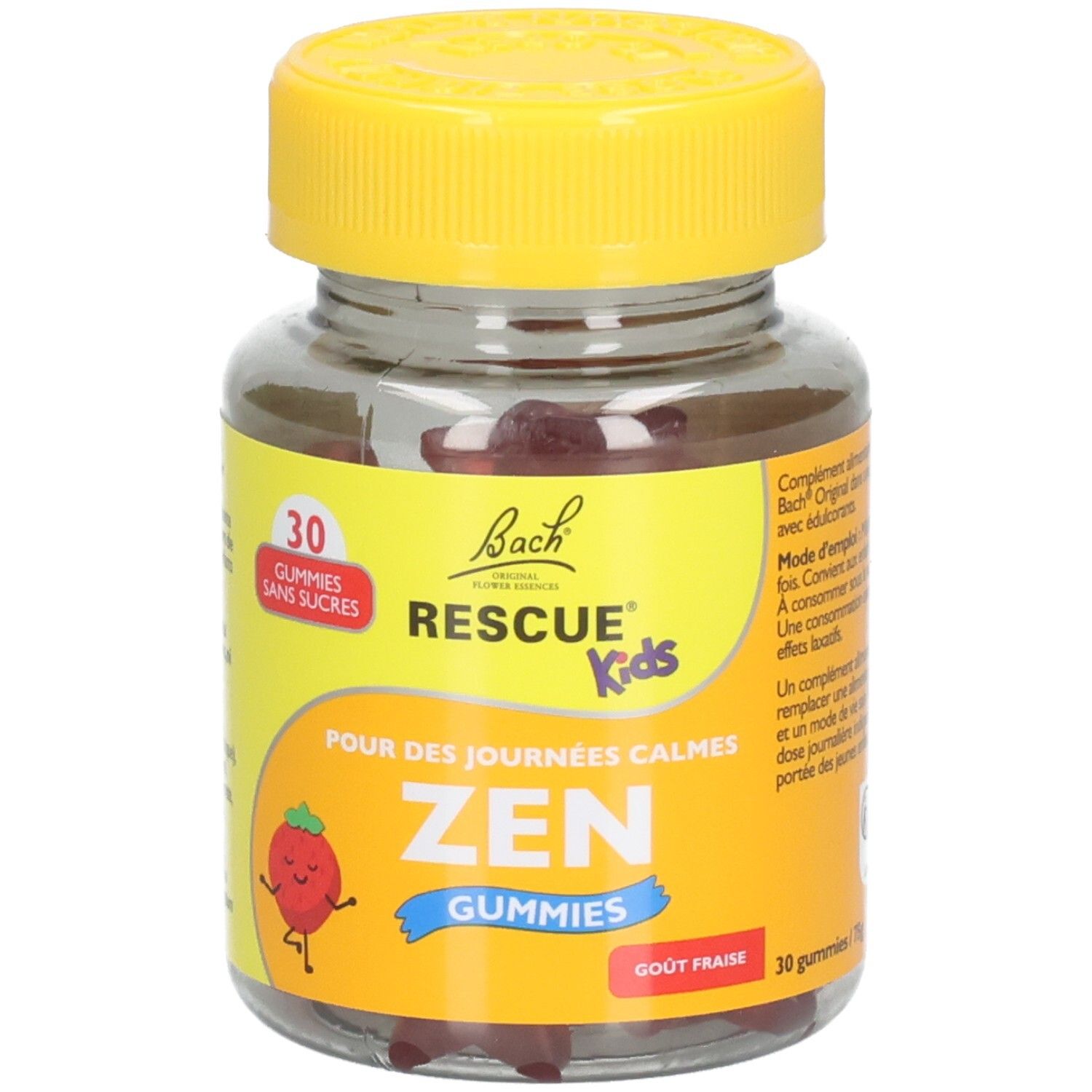 Flacon avec bouchon jaune. Inscription: RESCUE Kids ZEN GUMMIES, 30 pièces, sans sucre. Goût fraise.