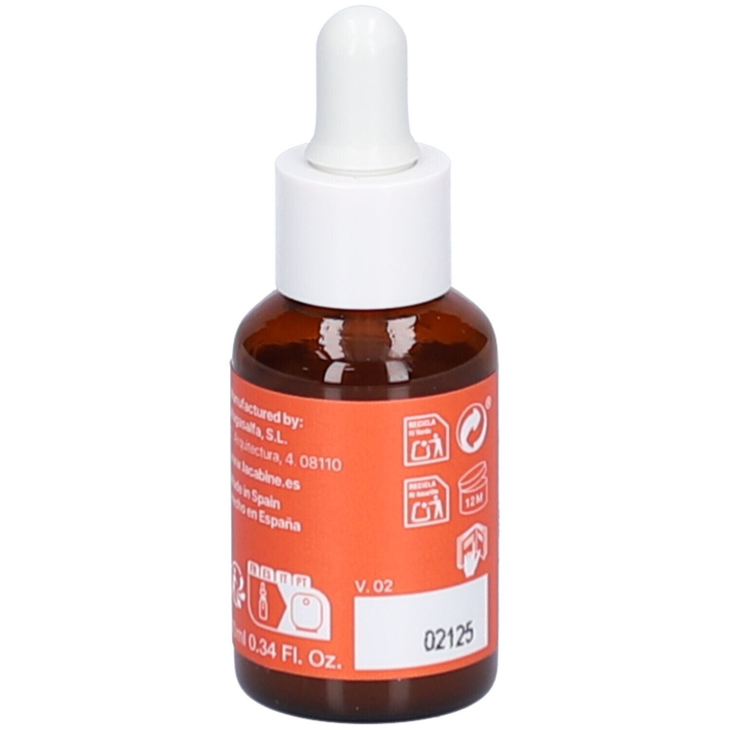 Flacon en verre brun avec compte-gouttes blanc. Étiquette orange avec texte et symboles. Nom du produit non visible.