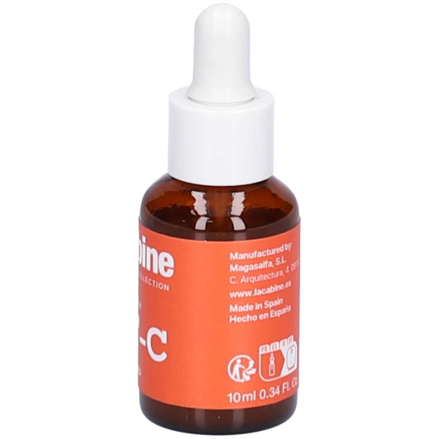 Flacon en verre brun avec compte-gouttes blanc. Étiquette orange avec texte. Nom du produit partiellement visible.