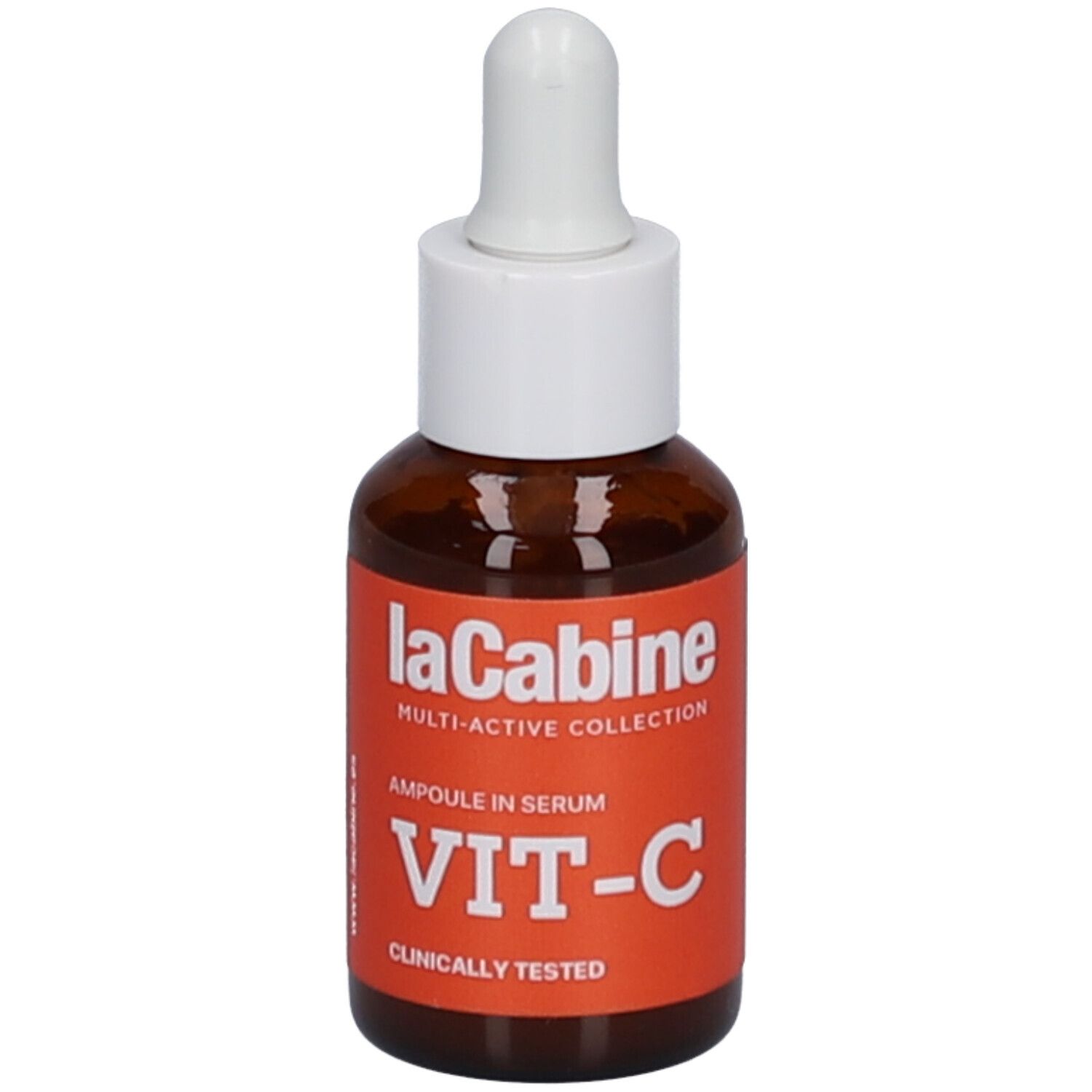 Flacon en verre brun avec compte-gouttes blanc. Étiquette orange avec texte. Nom du produit: laCabine VIT-C.
