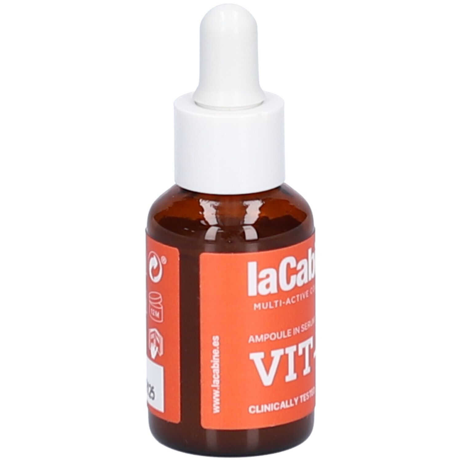 Flacon en verre brun avec compte-gouttes blanc. Étiquette orange avec texte et symboles. Nom du produit: laCabine VIT-C.