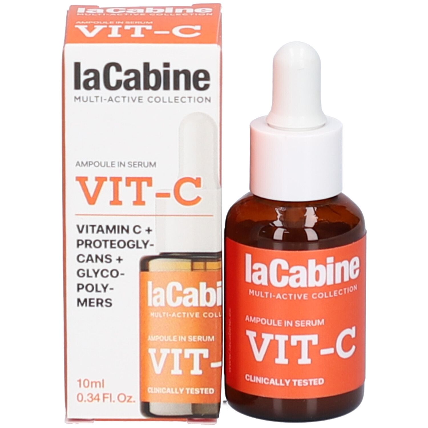 Emballage du produit avec flacon et boîte. Flacon avec compte-gouttes blanc. Boîte avec nom du produit: laCabine VIT-C.