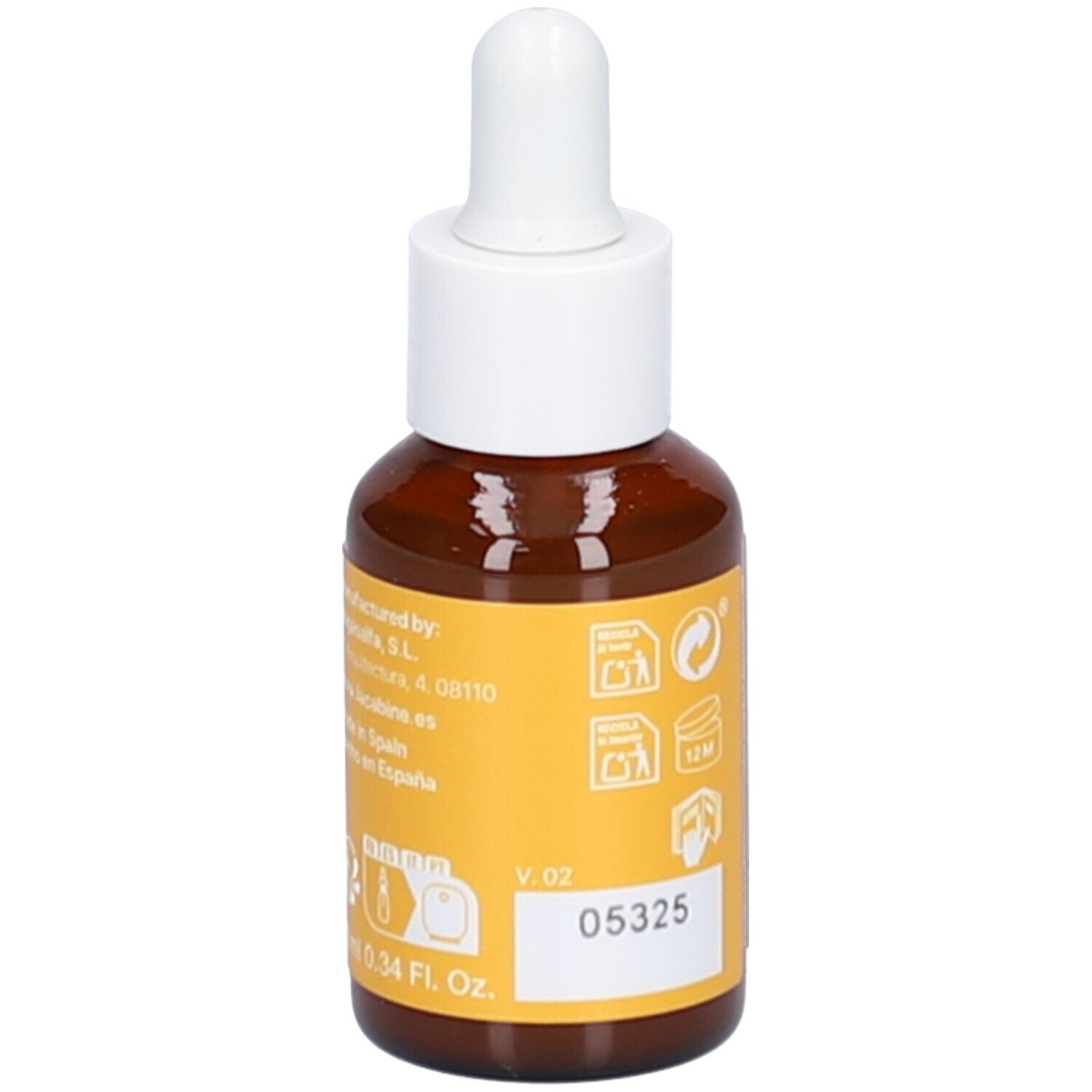 Flacon en verre brun avec compte-gouttes blanc. Étiquette jaune avec texte et symboles. Informations fabricant.