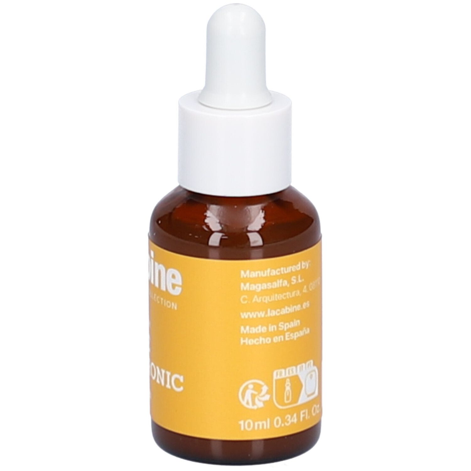 Flacon en verre brun avec compte-gouttes blanc. Étiquette jaune avec texte. Volume : 10ml. Marque : laCabine.