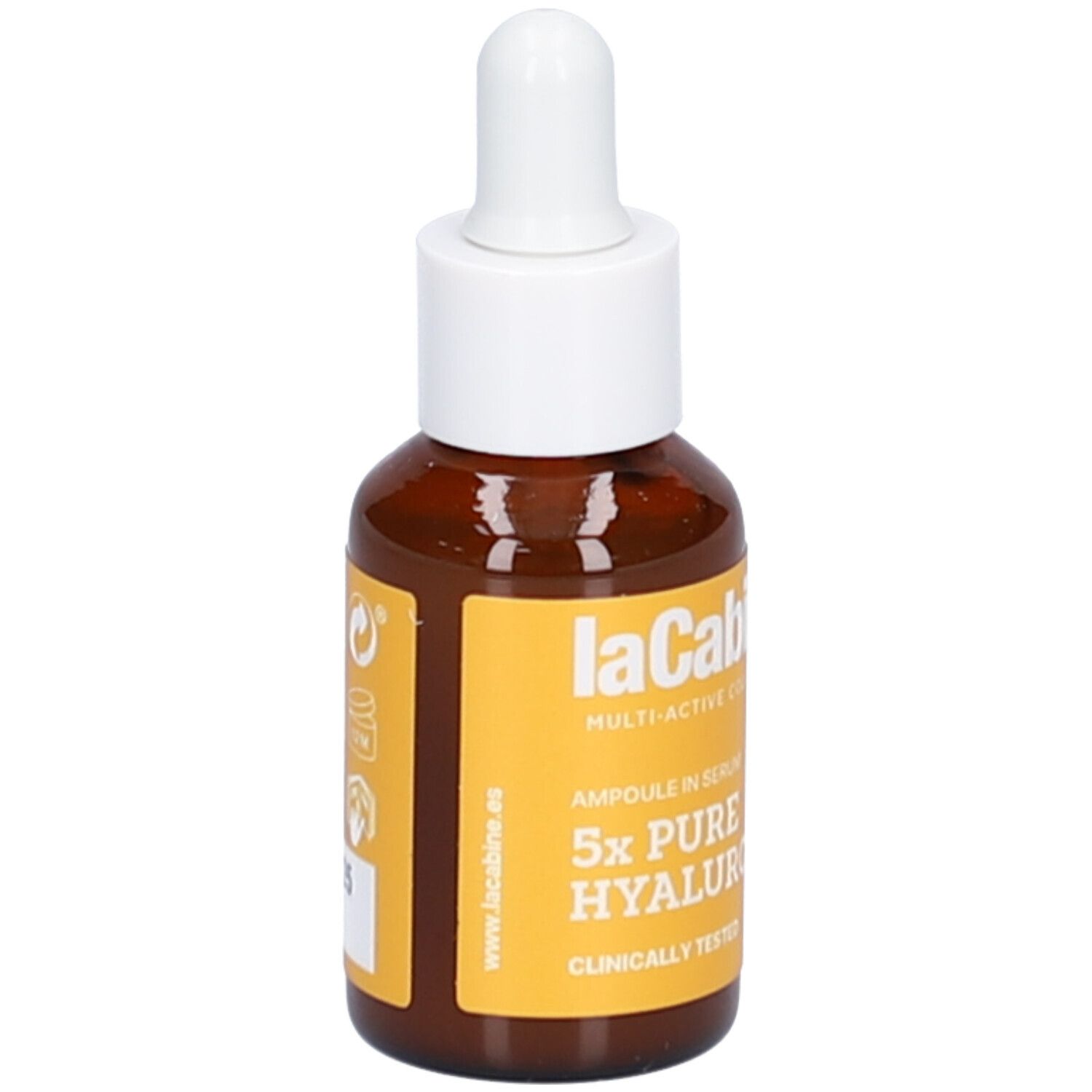 Flacon en verre brun avec compte-gouttes blanc. Étiquette jaune avec texte. Marque : laCabine. Produit : sérum.
