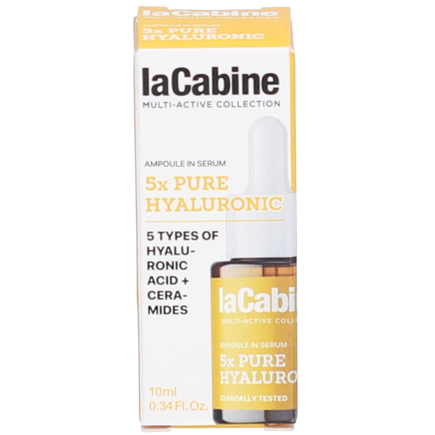 Emballage produit avec carton et flacon. Carton : jaune, texte. Flacon : brun, compte-gouttes. Marque : laCabine.