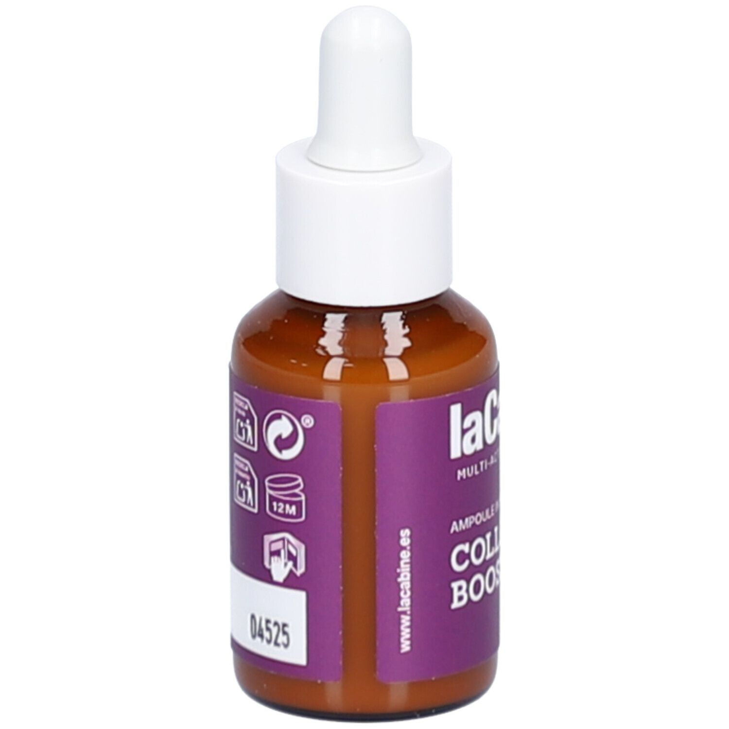 Flacon en verre brun avec compte-gouttes blanc. Étiquette violette avec texte et symboles. Nom du produit: COLLAGEN BOOST.