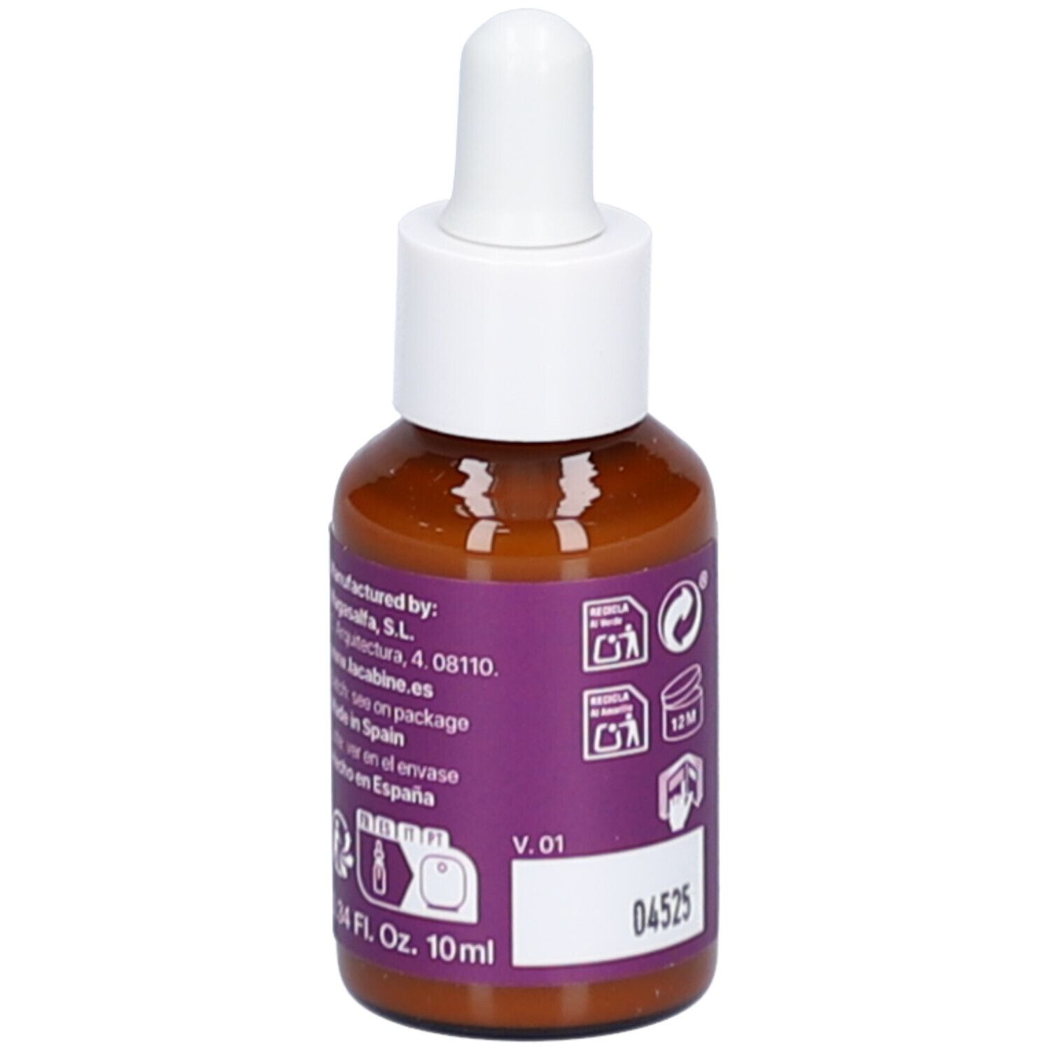 Dos d'un flacon en verre brun avec compte-gouttes blanc. Étiquette violette avec texte et symboles. 10 ml.