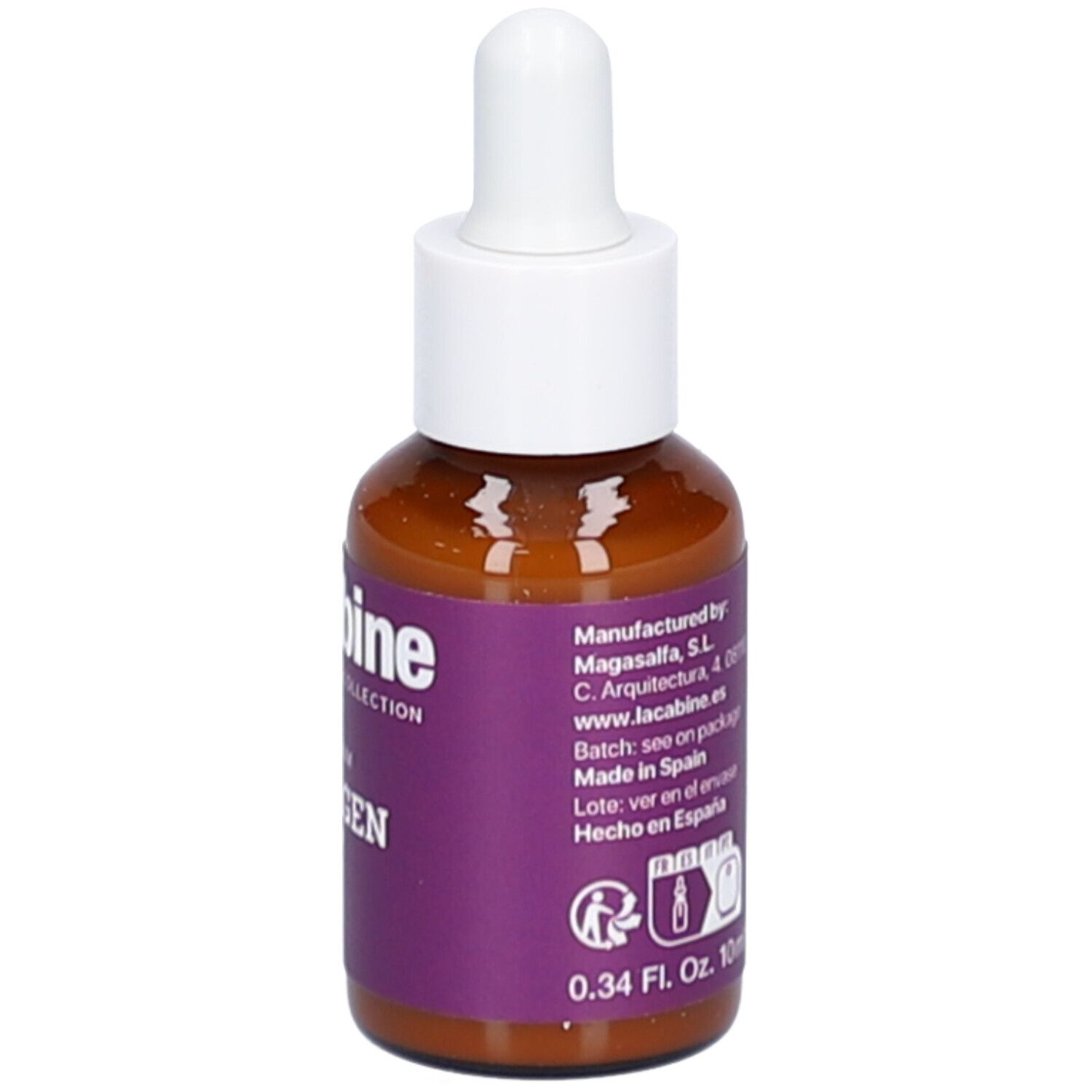 Flacon en verre brun avec compte-gouttes blanc. Étiquette violette avec texte. Informations fabricant. 0,34 Fl. Oz. 10 ml.