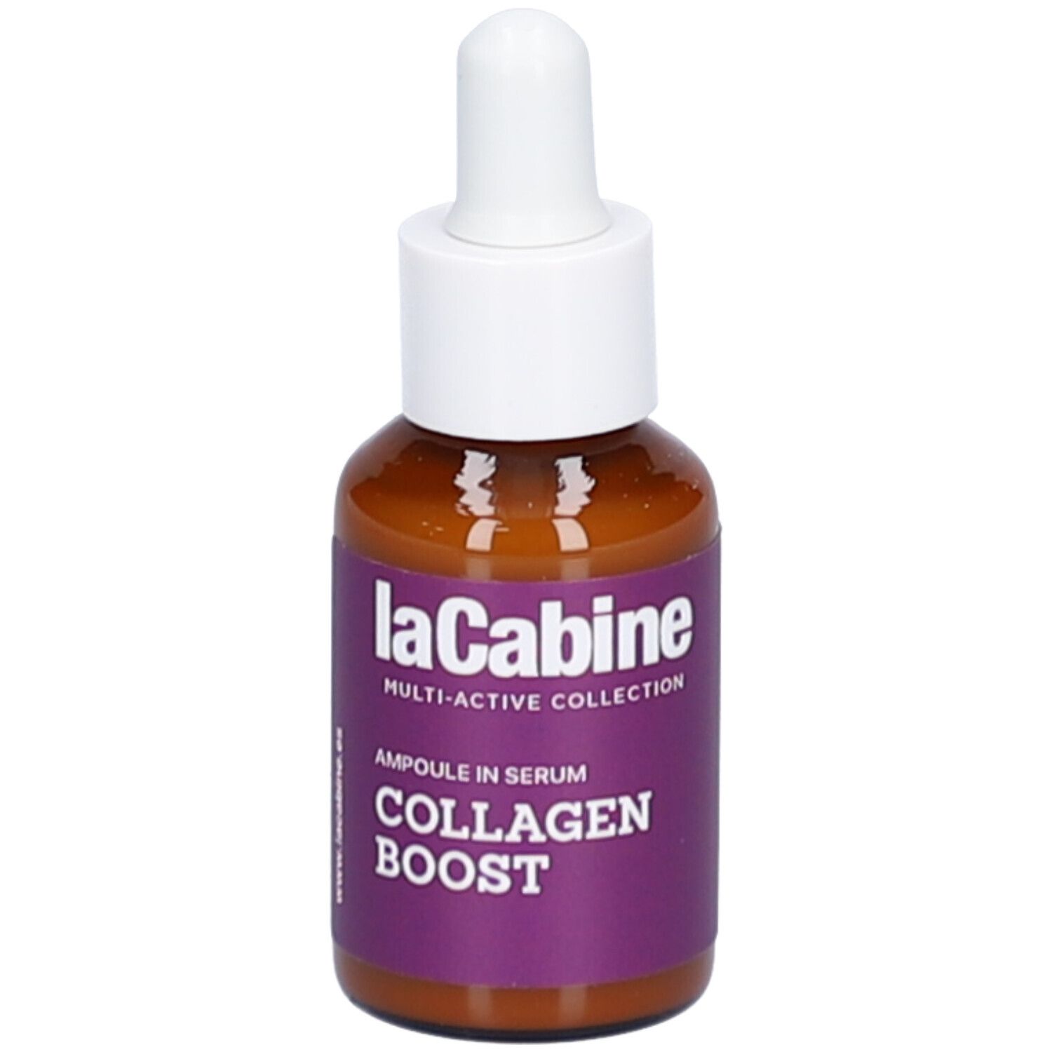 Flacon en verre brun avec compte-gouttes blanc. Étiquette violette avec texte: COLLAGEN BOOST. Nom du produit: laCabine.