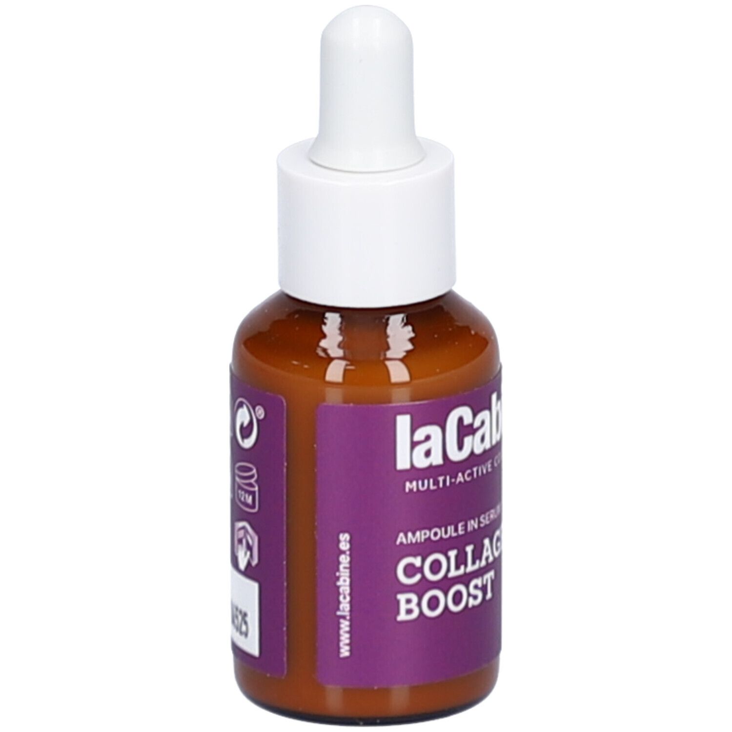 Flacon en verre brun avec compte-gouttes blanc. Étiquette violette avec texte et symboles. Nom du produit: COLLAGEN BOOST.