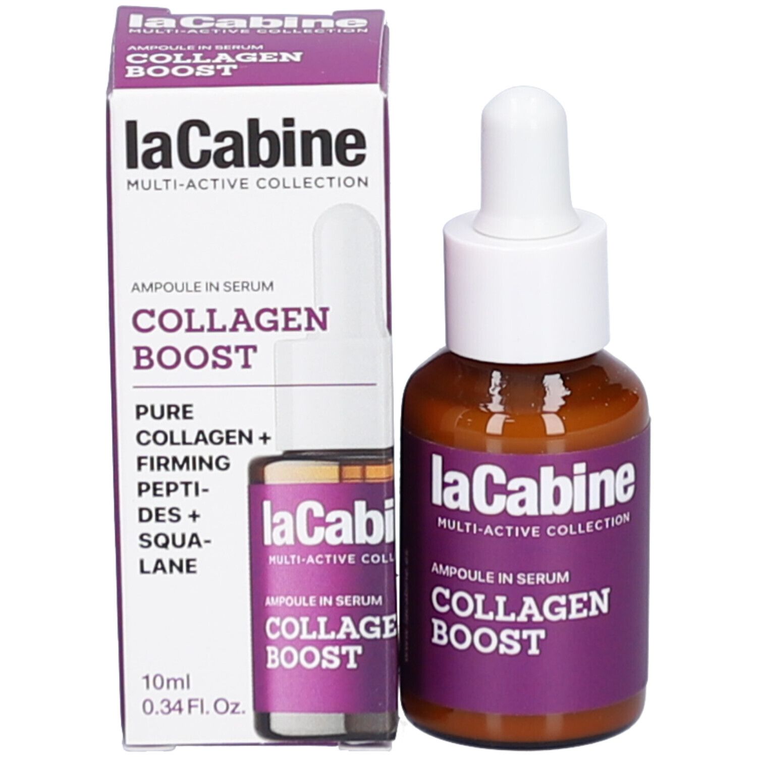 Emballage et flacon du produit. Boîte avec flacon. Nom du produit: COLLAGEN BOOST. Flacon avec compte-gouttes.