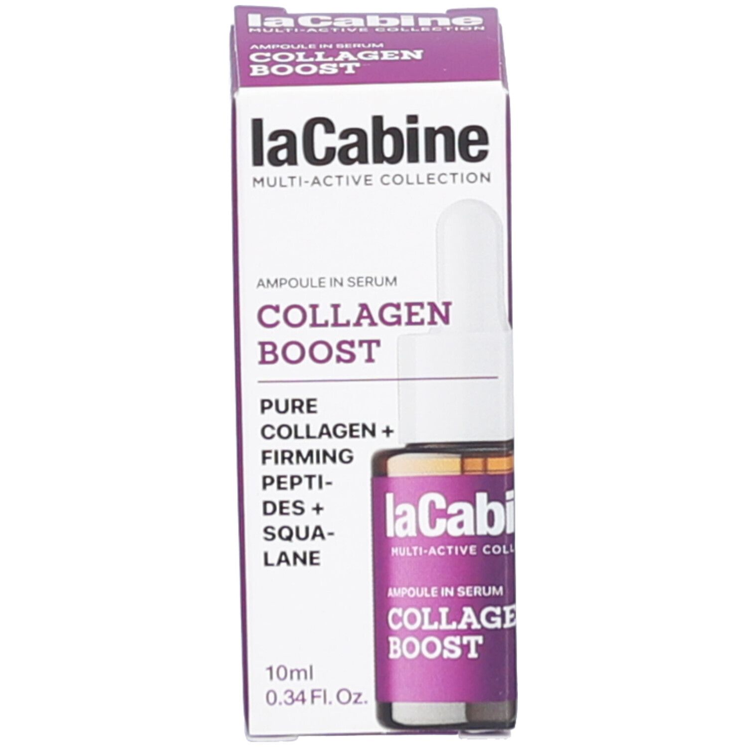 Emballage du produit. Boîte avec texte: COLLAGEN BOOST. Flacon avec compte-gouttes à l'intérieur. 10ml.