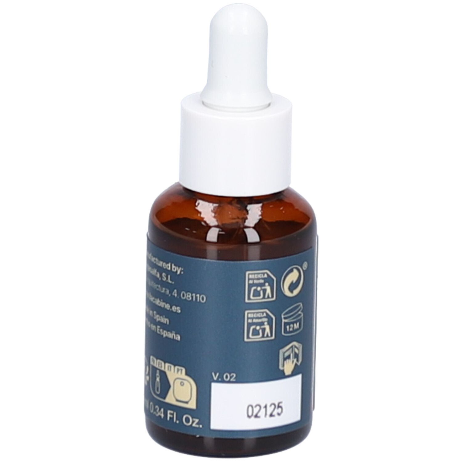 Flacon en verre brun avec compte-gouttes blanc. Étiquette bleue avec informations sur le produit. Inscriptions visibles : 02125, 0.34 Fl. Oz., informations fabricant.