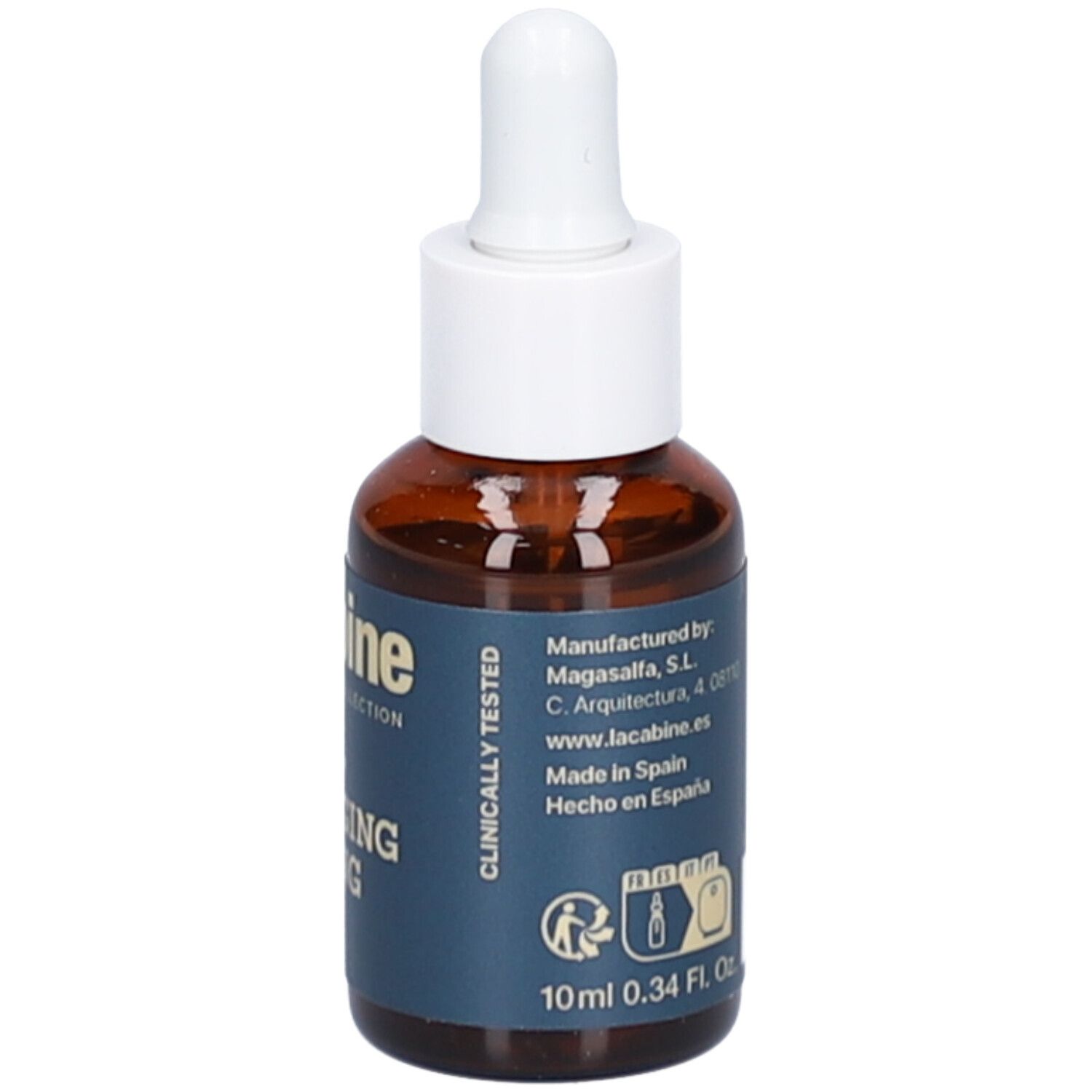 Flacon en verre brun avec compte-gouttes blanc. Étiquette bleue avec informations sur le produit. Inscriptions visibles : 10ml 0.34 Fl. Oz., Clinically Tested, informations fabricant.