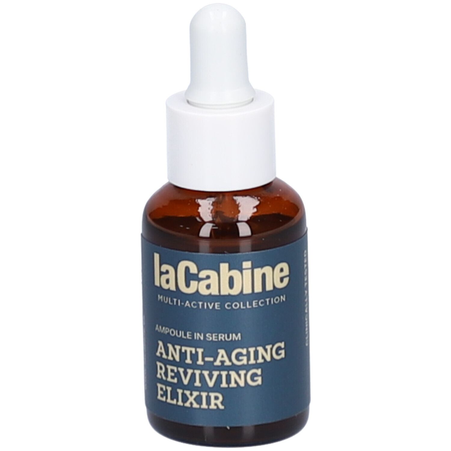 Flacon en verre brun avec compte-gouttes blanc. Étiquette bleue avec informations sur le produit. Inscriptions visibles : laCabine, Anti-Aging Reviving Elixir, Ampoule in Serum.