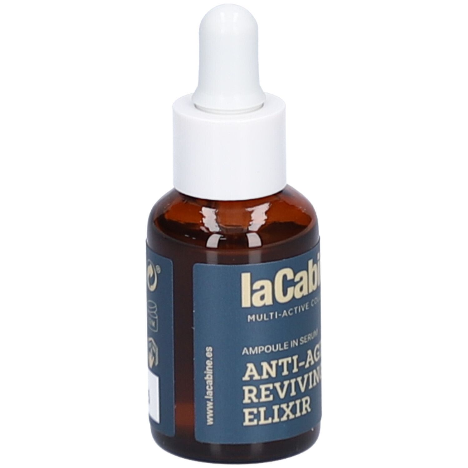 Flacon en verre brun avec compte-gouttes blanc. Étiquette bleue avec informations sur le produit. Inscriptions visibles : laCabine, Anti-Aging Reviving Elixir, Ampoule in Serum.