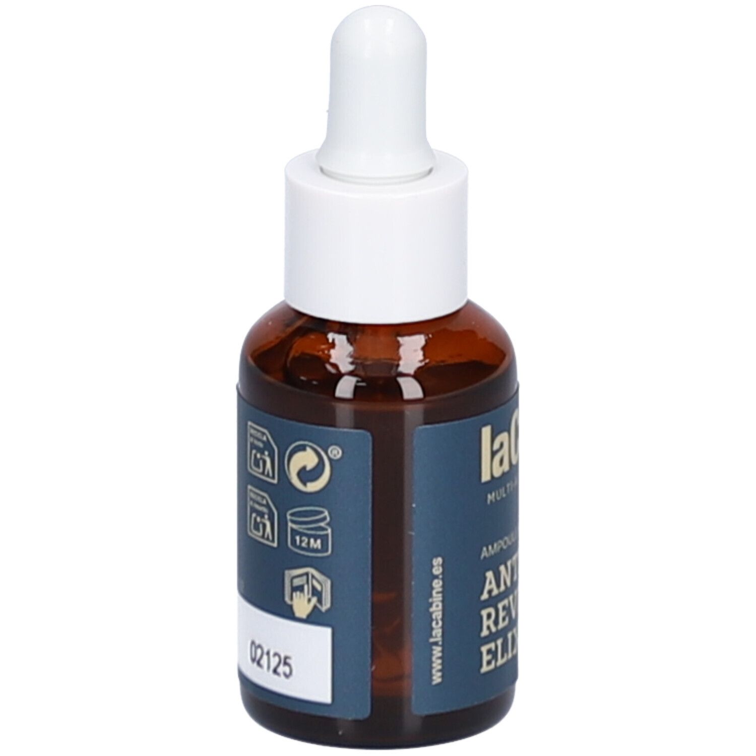 Flacon en verre brun avec compte-gouttes blanc. Étiquette bleue avec informations sur le produit. Inscriptions visibles : 02125, laCabine, Anti-Aging Reviving Elixir, 12M.