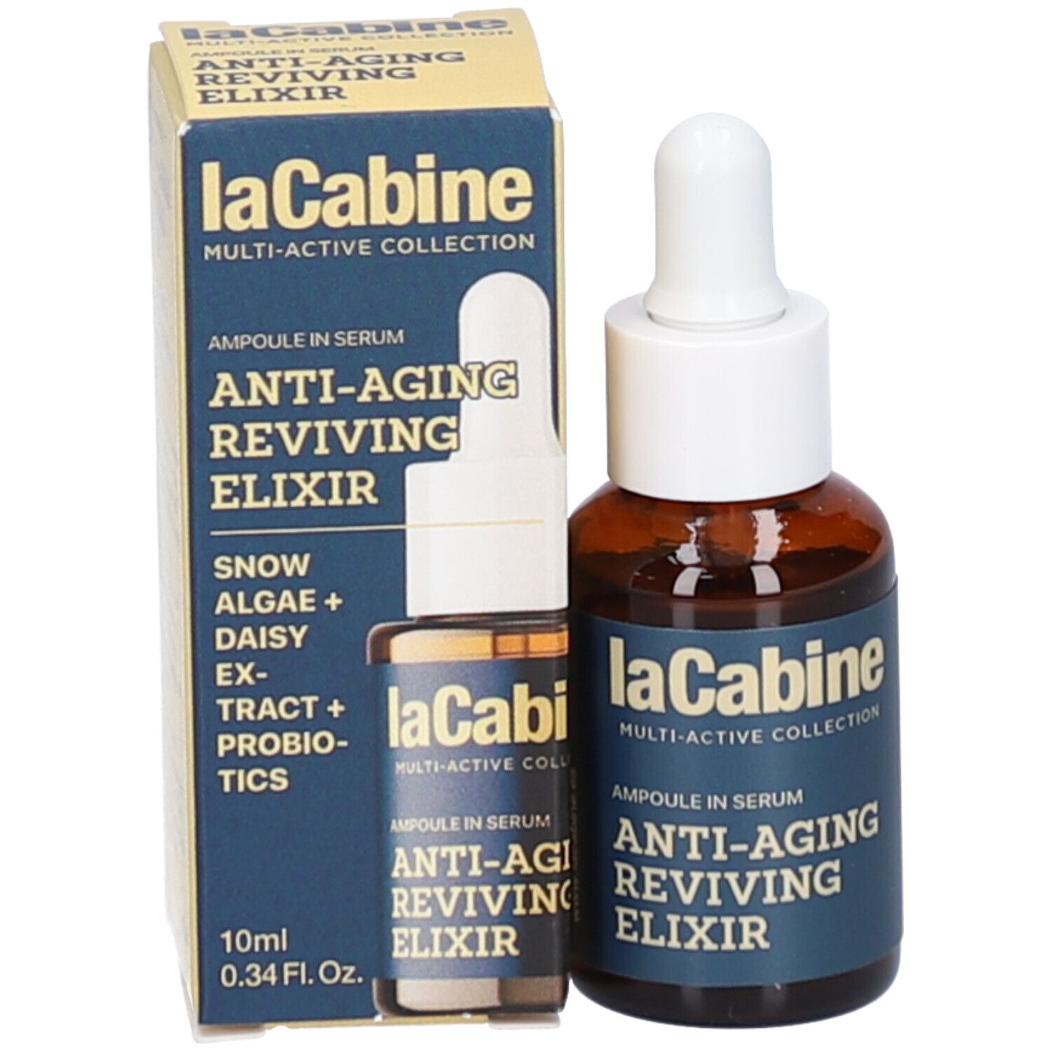Emballage du produit avec flacon et petite ampoule. Inscriptions visibles : laCabine, Anti-Aging Reviving Elixir, 10ml 0.34 Fl. Oz., Snow Algae + Daisy Extract + Probiotics.