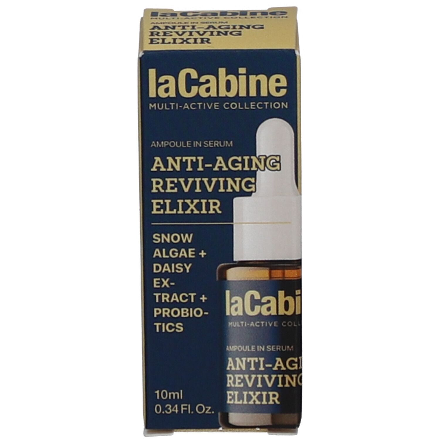 Emballage du produit avec flacon et petite ampoule. Inscriptions visibles : laCabine, Anti-Aging Reviving Elixir, 10ml 0.34 Fl. Oz., Snow Algae + Daisy Extract + Probiotics.