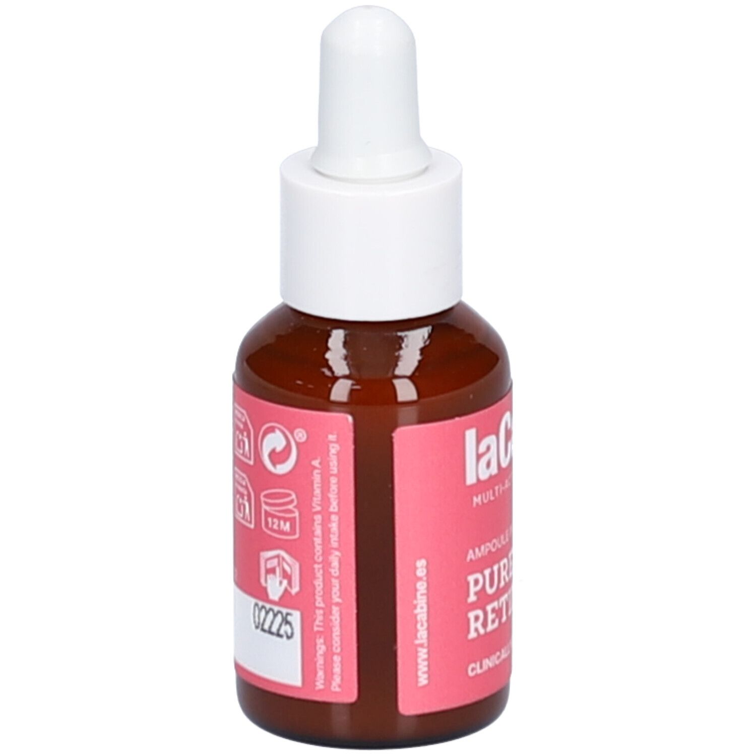 Flacon brun avec compte-gouttes blanc. Étiquette rose avec texte: Pure Retinol. Marque: laCabine. Contient des avertissements.