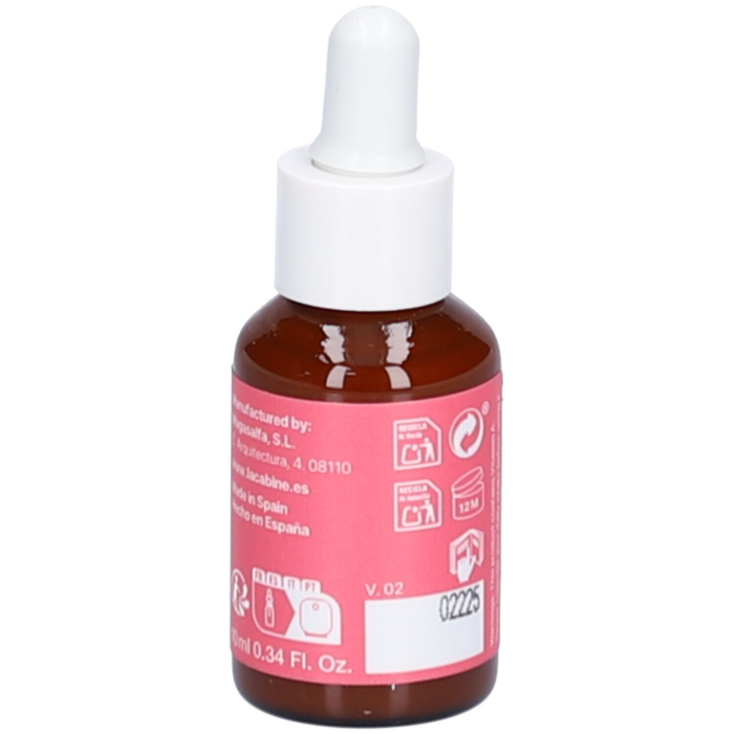 Vue arrière d'un flacon brun avec compte-gouttes blanc. Étiquette rose avec texte et symboles. Marque: laCabine. Fabriqué en Espagne.