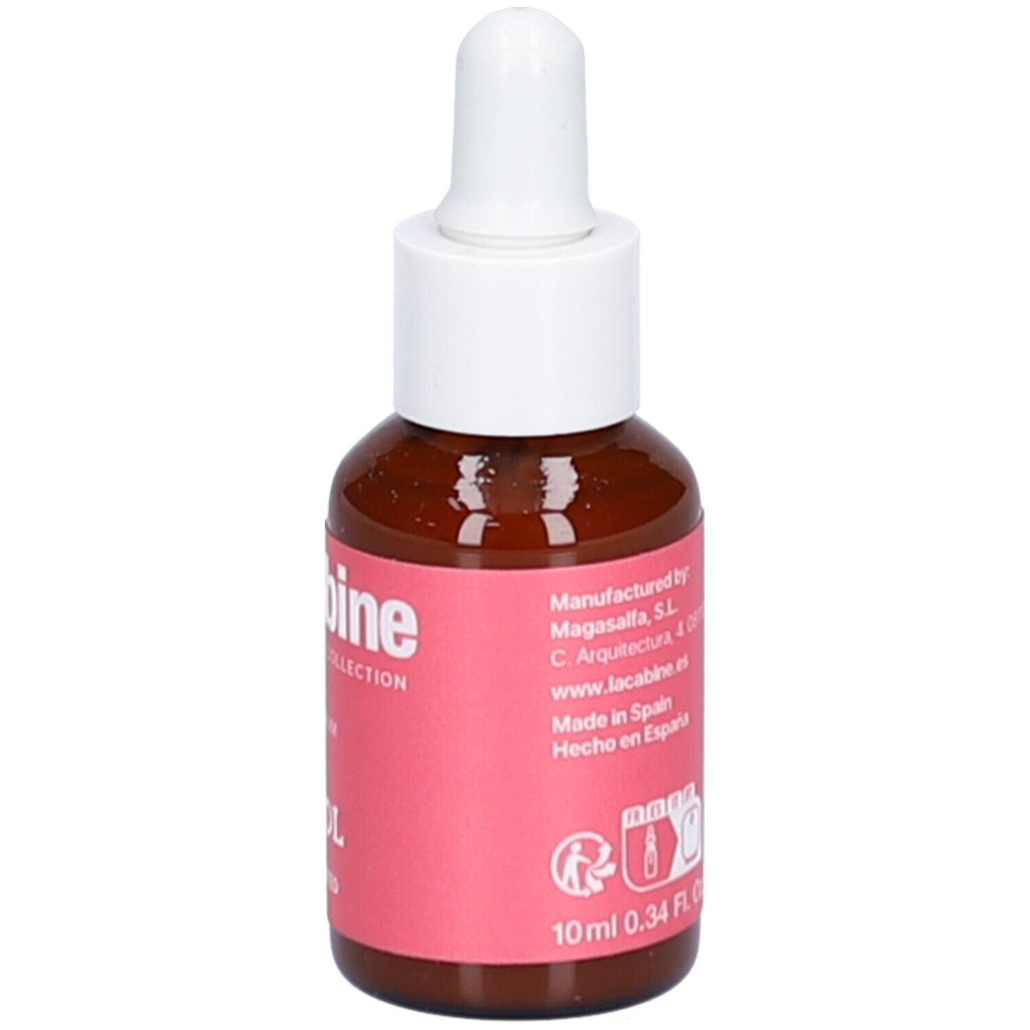 Flacon brun avec compte-gouttes blanc. Étiquette rose avec texte: Pure Retinol. Marque: laCabine. Volume: 10 ml.