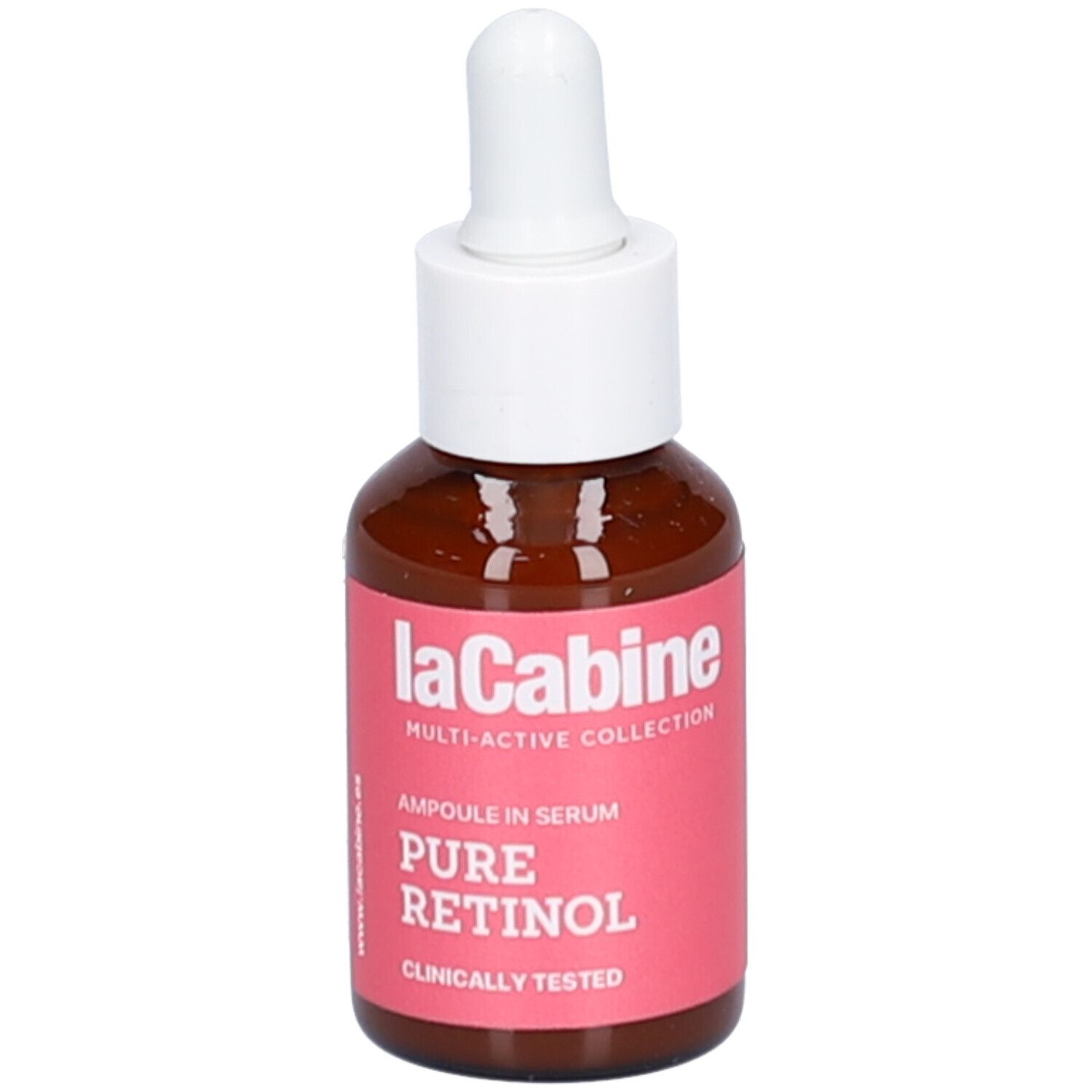 Flacon brun avec compte-gouttes blanc. Étiquette rose avec texte: Pure Retinol. Marque: laCabine. Testé cliniquement.