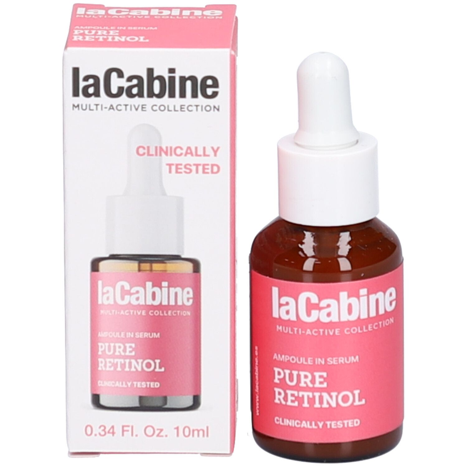 Produit et emballage. Flacon brun avec compte-gouttes blanc et étiquette rose. Marque: laCabine. Boîte avec texte.