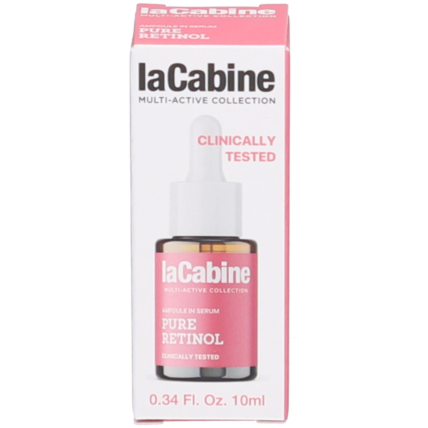 Produit et emballage. Flacon brun avec compte-gouttes blanc et étiquette rose. Marque: laCabine. Boîte avec texte.
