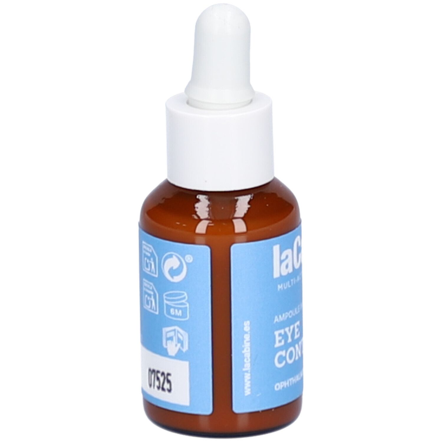 Flacon en verre brun avec bouchon blanc et pipette. Étiquette bleue avec informations produit et numéro de lot 07525.