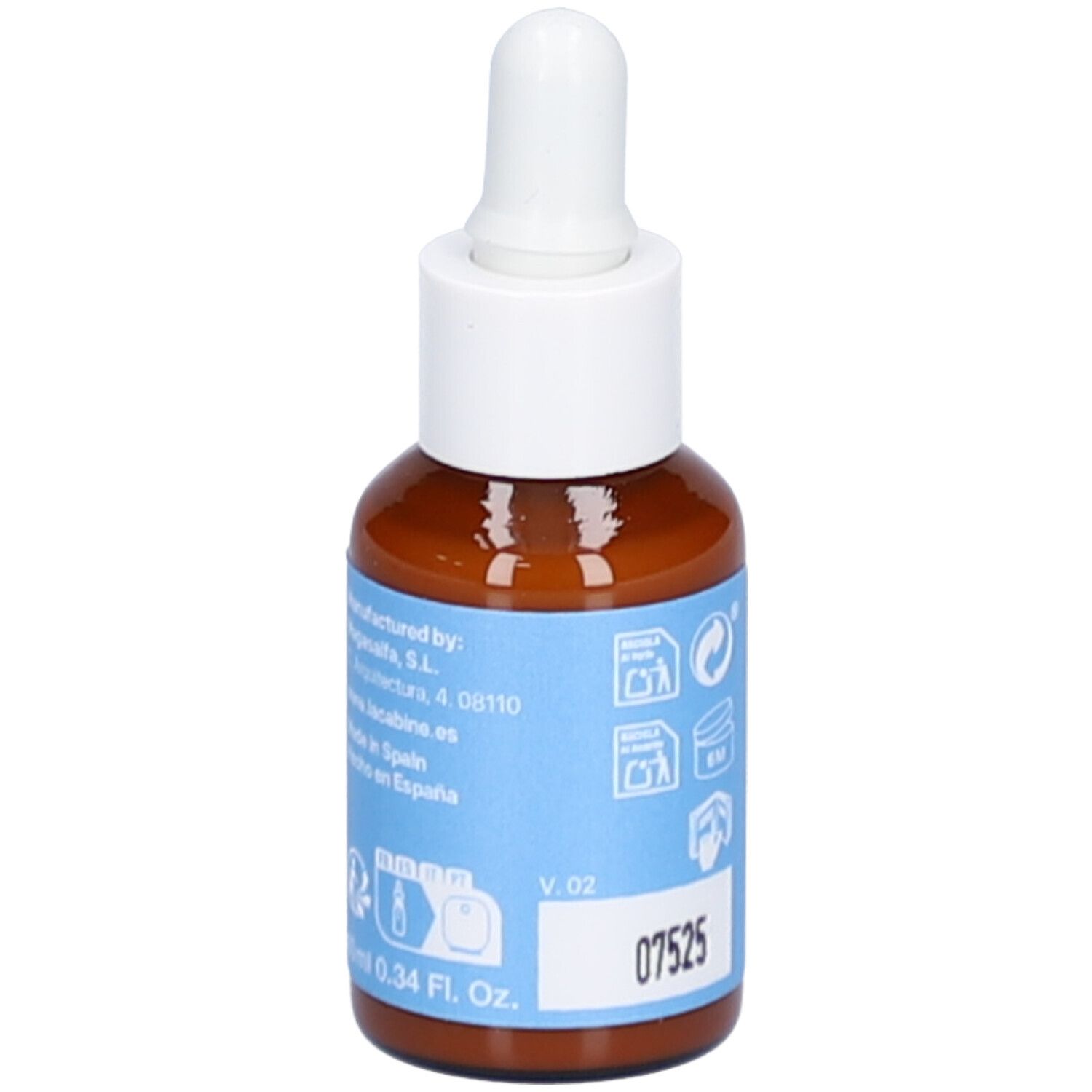 Flacon en verre brun avec bouchon blanc et pipette. Étiquette bleue avec informations produit et numéro de lot 07525.