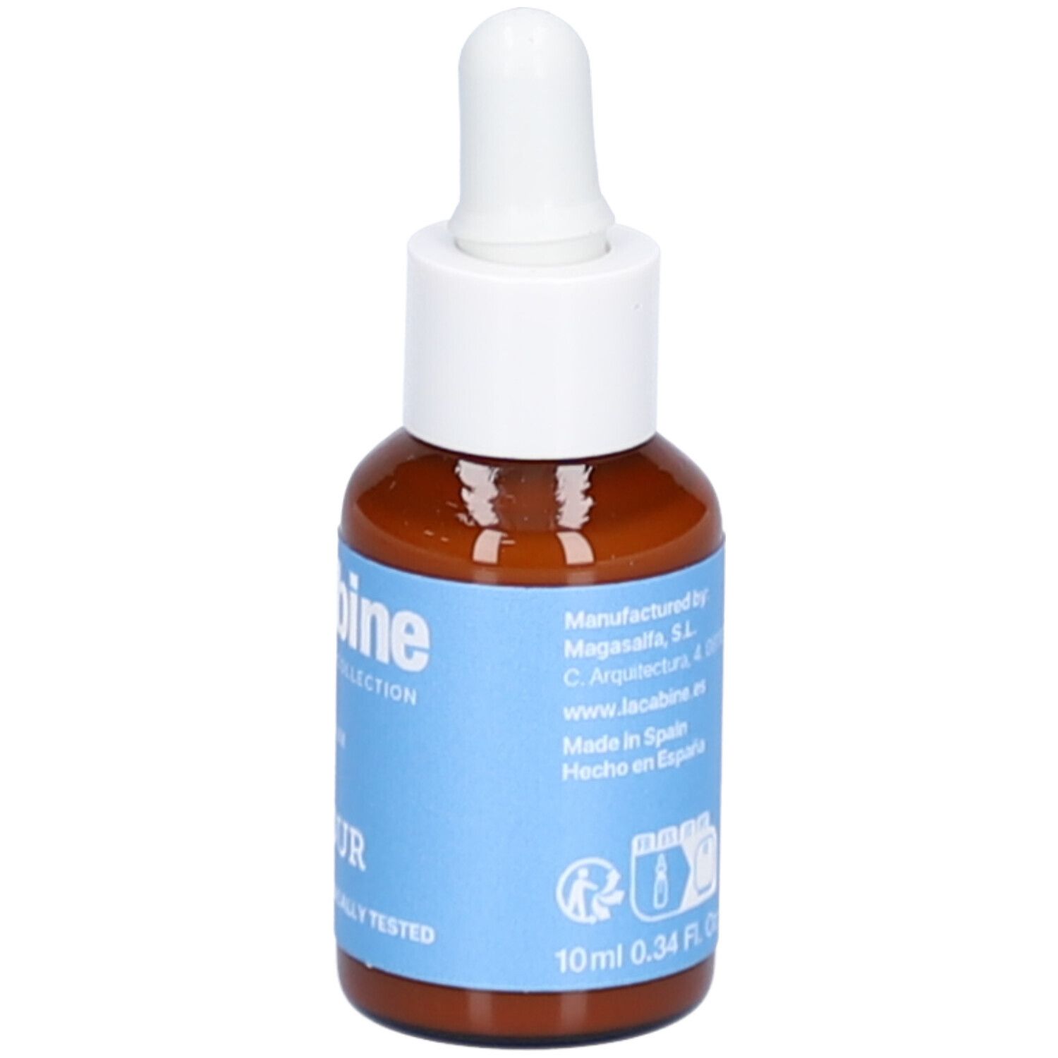 Flacon en verre brun avec bouchon blanc et pipette. Étiquette bleue avec informations et mention '10ml 0.34 Fl. Oz'.