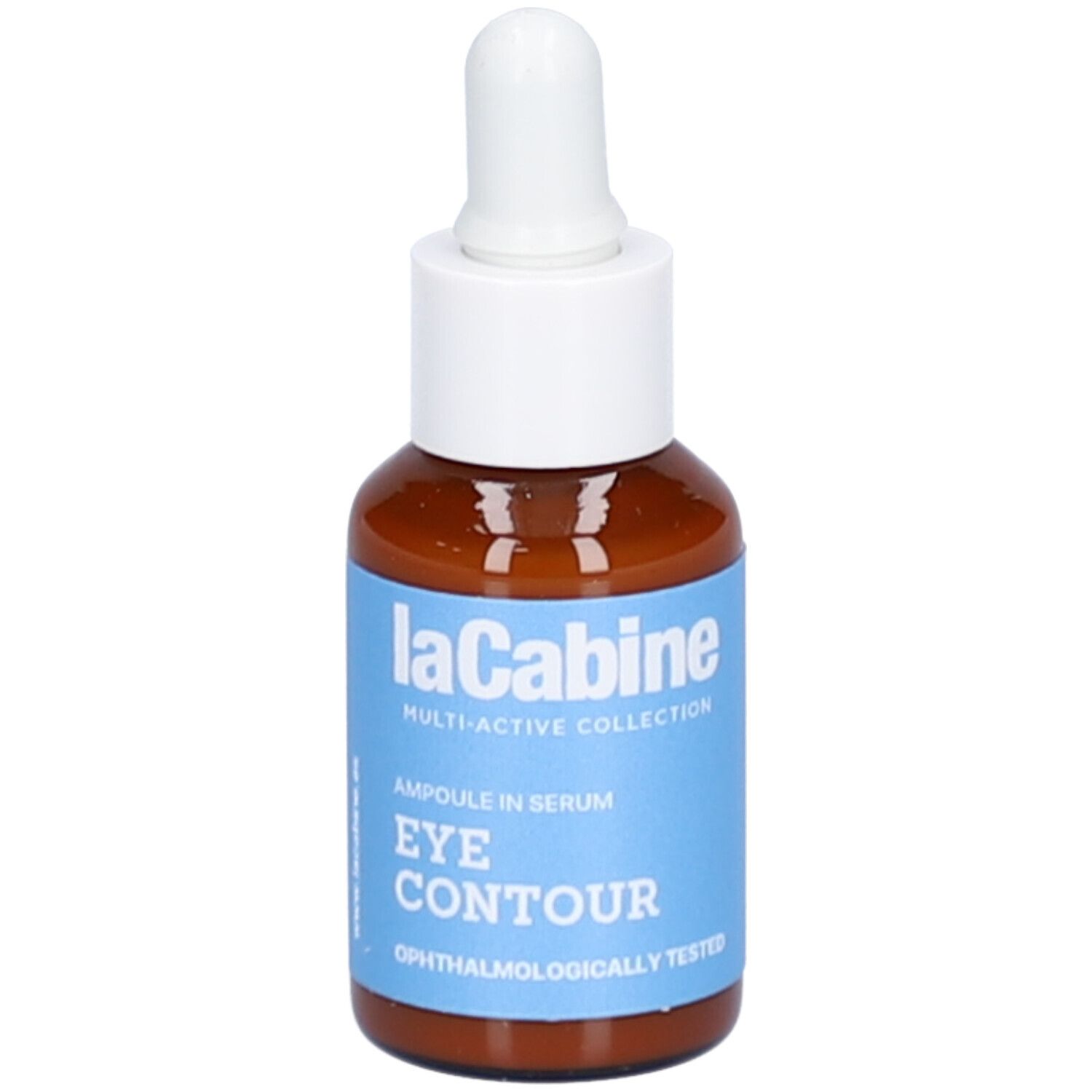 Flacon en verre brun avec bouchon blanc et pipette. Étiquette bleue avec nom du produit 'EYE CONTOUR' et 'laCabine'.