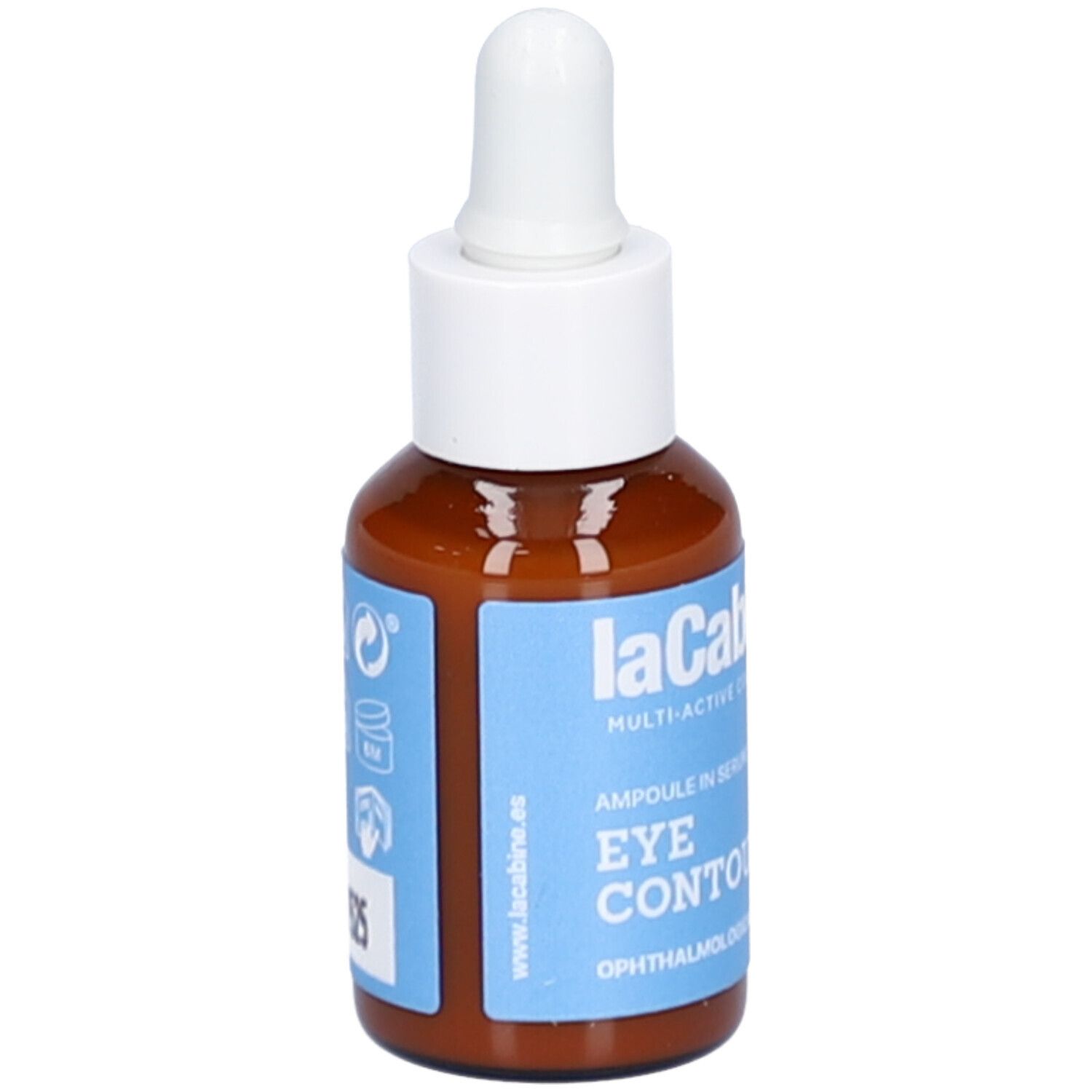 Flacon en verre brun avec bouchon blanc et pipette. Étiquette bleue avec nom 'EYE CONTOUR' et numéro de lot 07525.