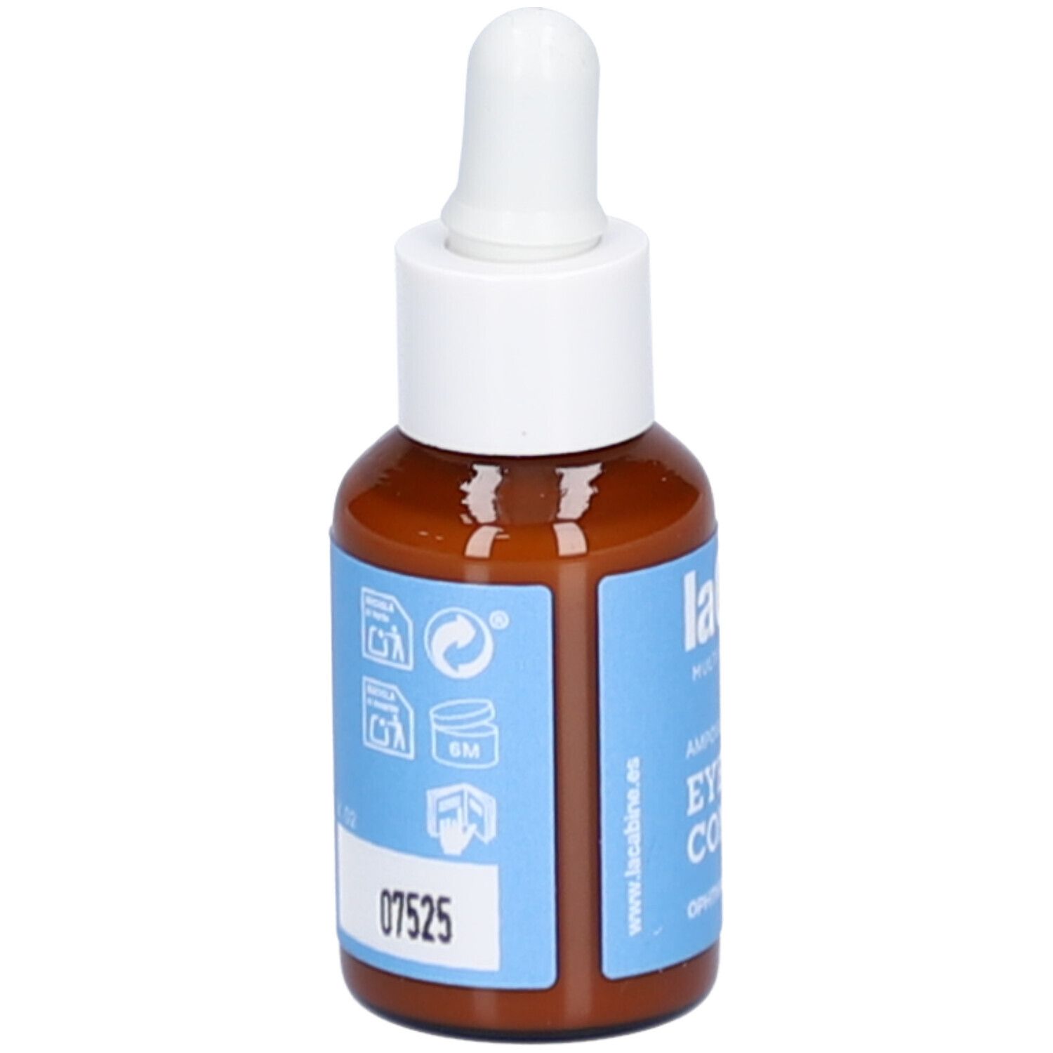 Flacon en verre brun avec bouchon blanc et pipette. Étiquette bleue avec informations et numéro de lot 07525.