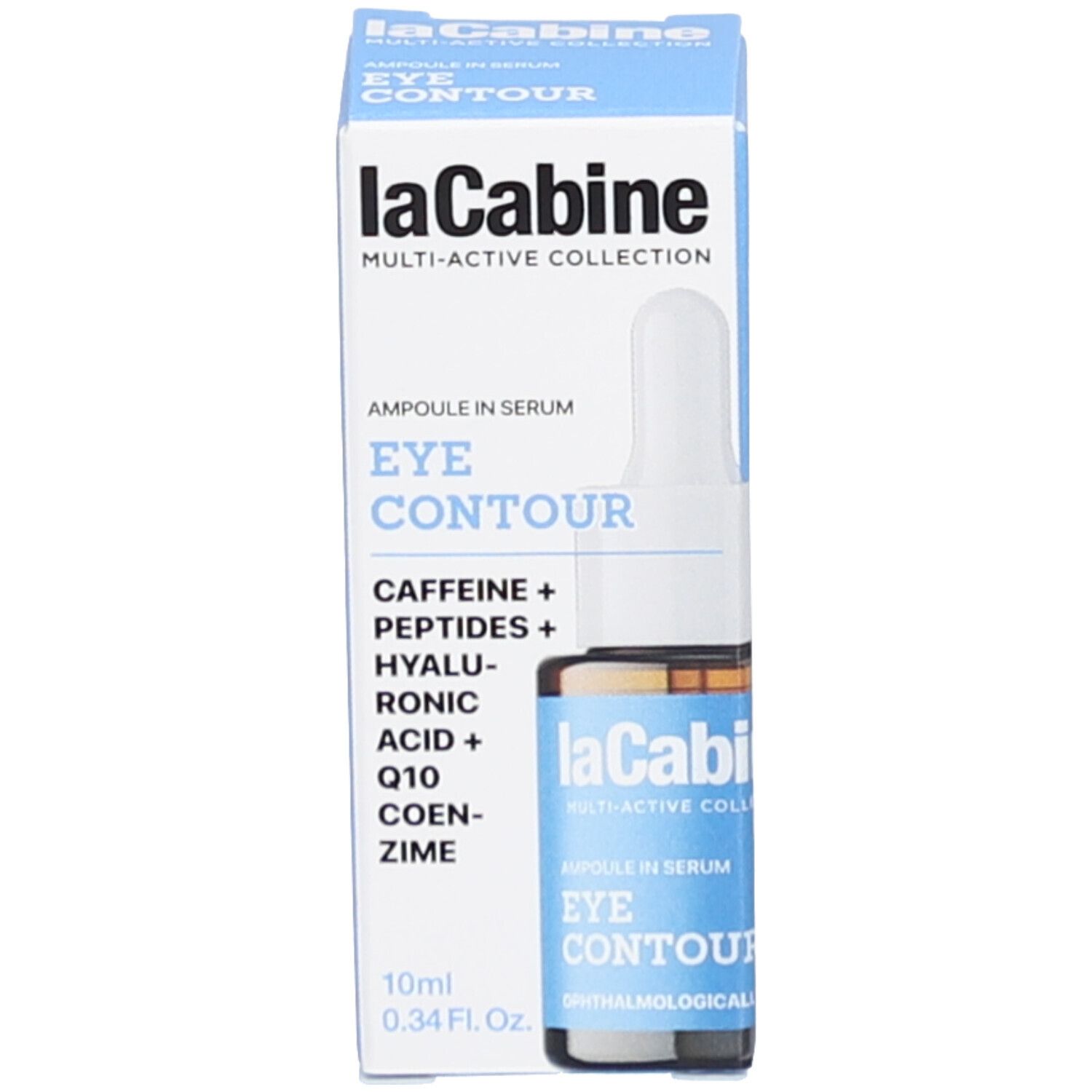 Flacon et emballage. Flacon brun avec pipette, emballage bleu. Inscription 'EYE CONTOUR' et 'laCabine'.