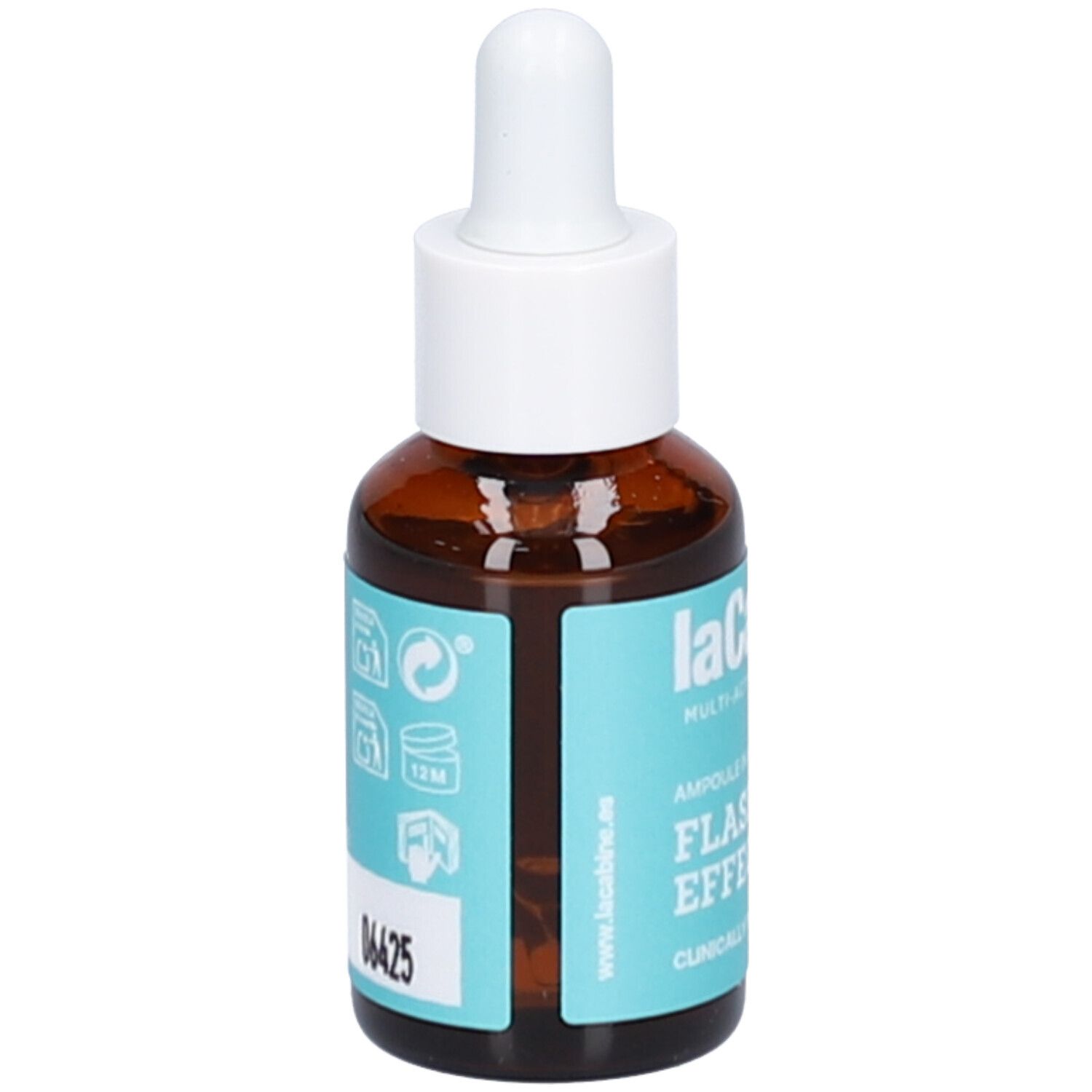 Flacon en verre brun avec compte-gouttes blanc. Étiquette turquoise avec informations produit et code 06425. Marque Lacabine.