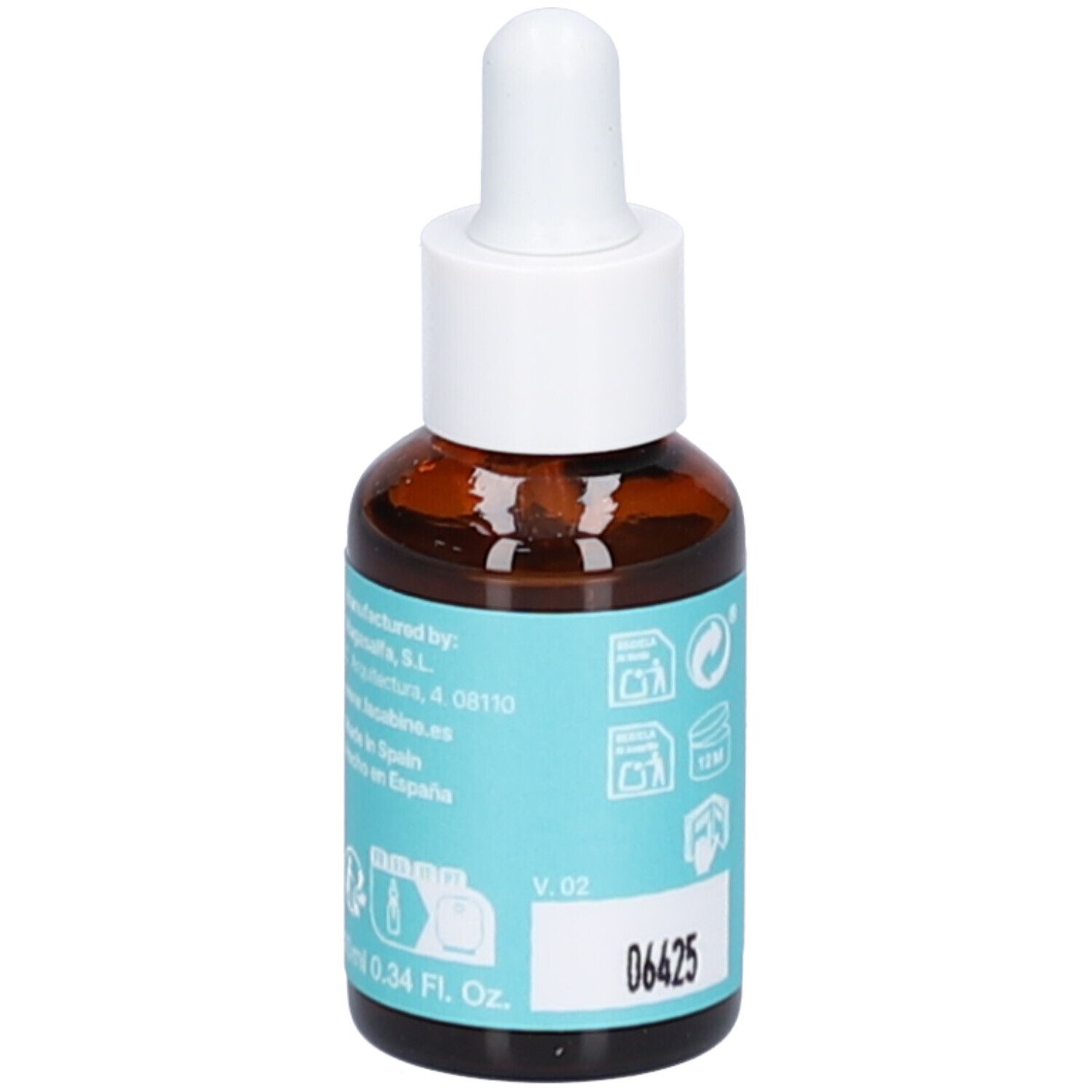 Flacon en verre brun avec compte-gouttes blanc. Étiquette turquoise avec informations produit et code 06425. Marque Lacabine.