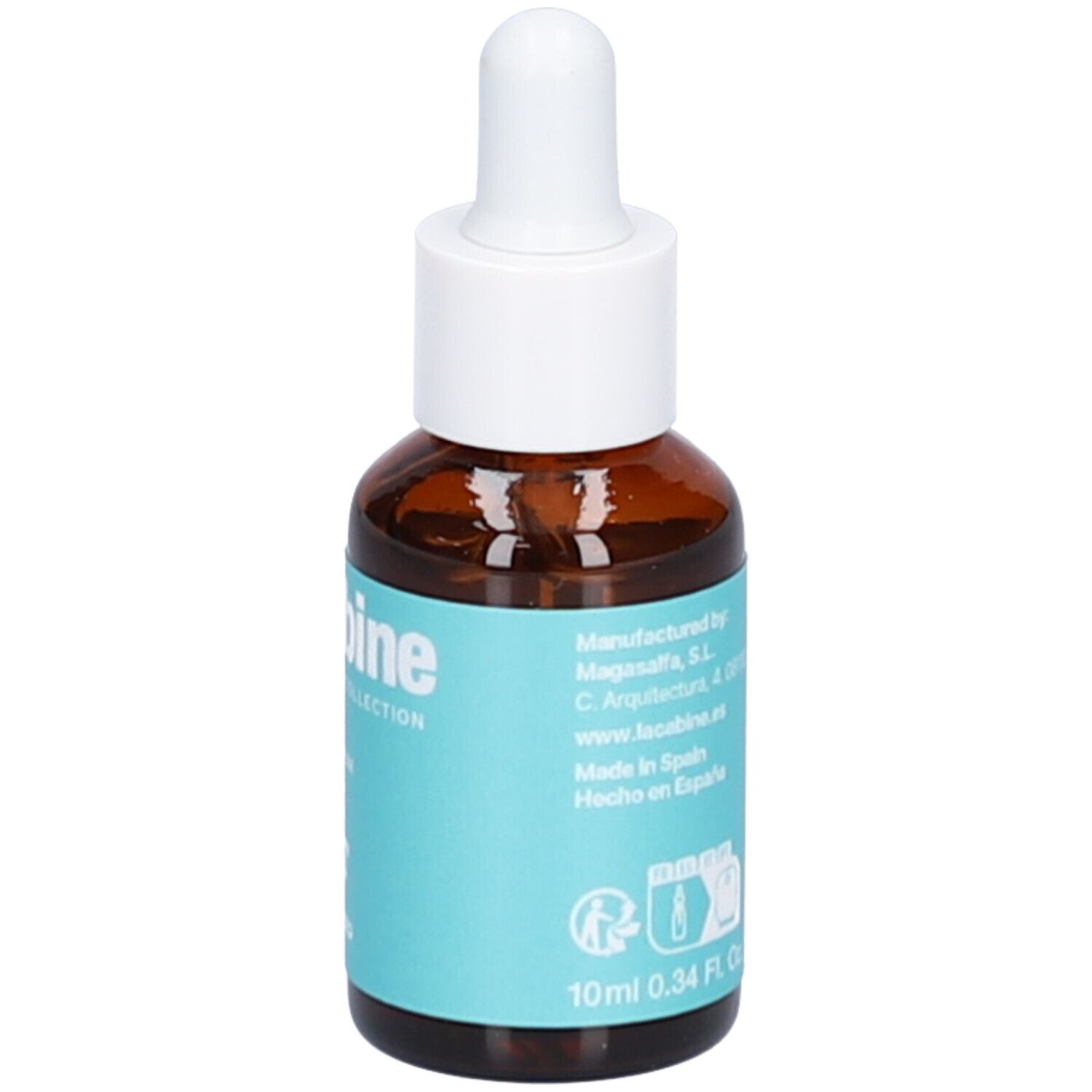 Flacon en verre brun avec compte-gouttes blanc. Étiquette turquoise avec informations produit. Marque Lacabine. 10ml 0.34 Fl. Oz.