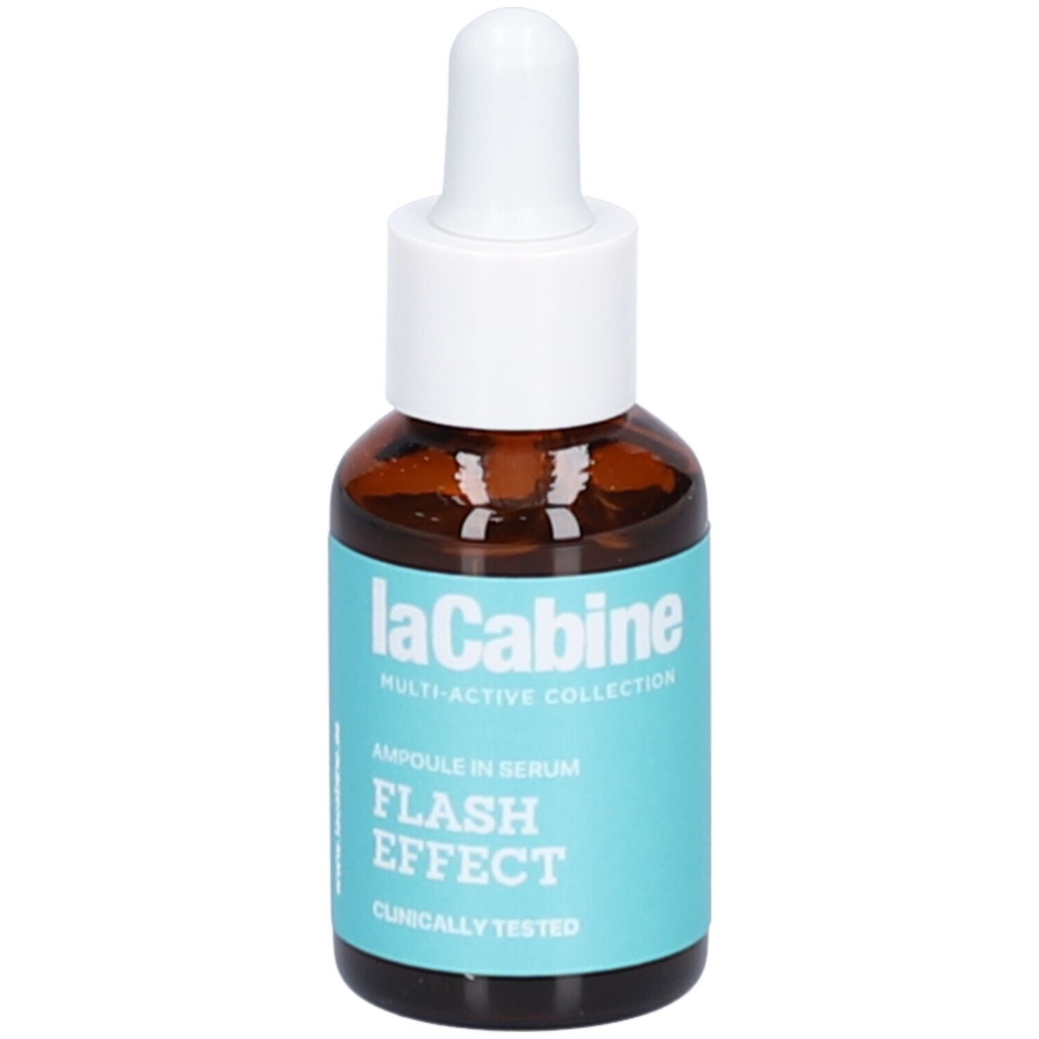 Flacon en verre brun avec compte-gouttes blanc. Étiquette turquoise avec informations produit. Marque Lacabine. Flash Effect.