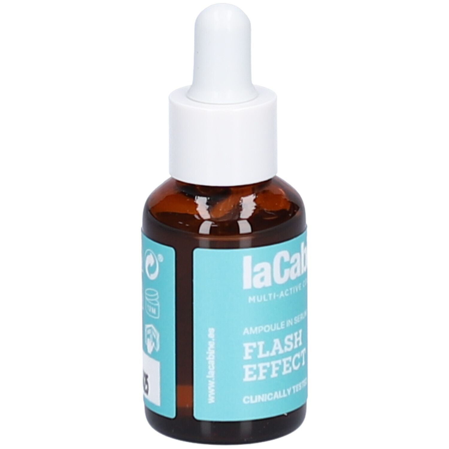 Flacon en verre brun avec compte-gouttes blanc. Étiquette turquoise avec informations produit et code 06425. Marque Lacabine. Flash Effect.