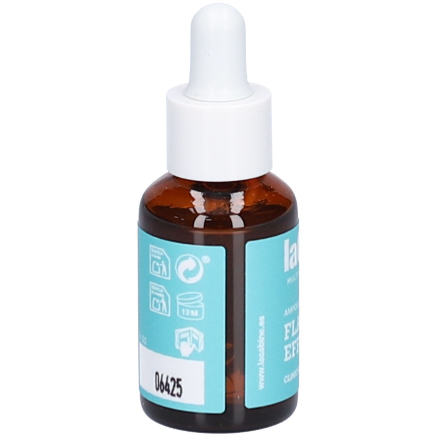 Flacon en verre brun avec compte-gouttes blanc. Étiquette turquoise avec informations produit et code 06425. Marque Lacabine.