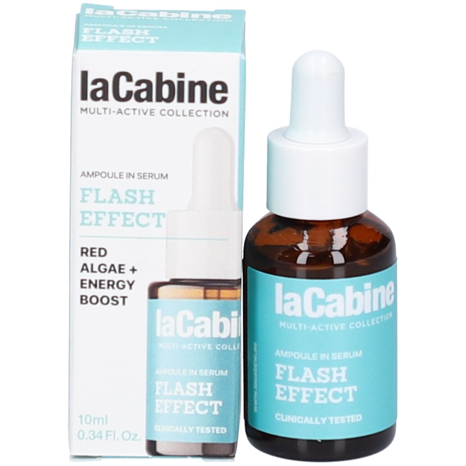 Flacon et emballage du produit. Flacon en verre brun avec compte-gouttes blanc. Emballage turquoise avec informations produit. Marque Lacabine.