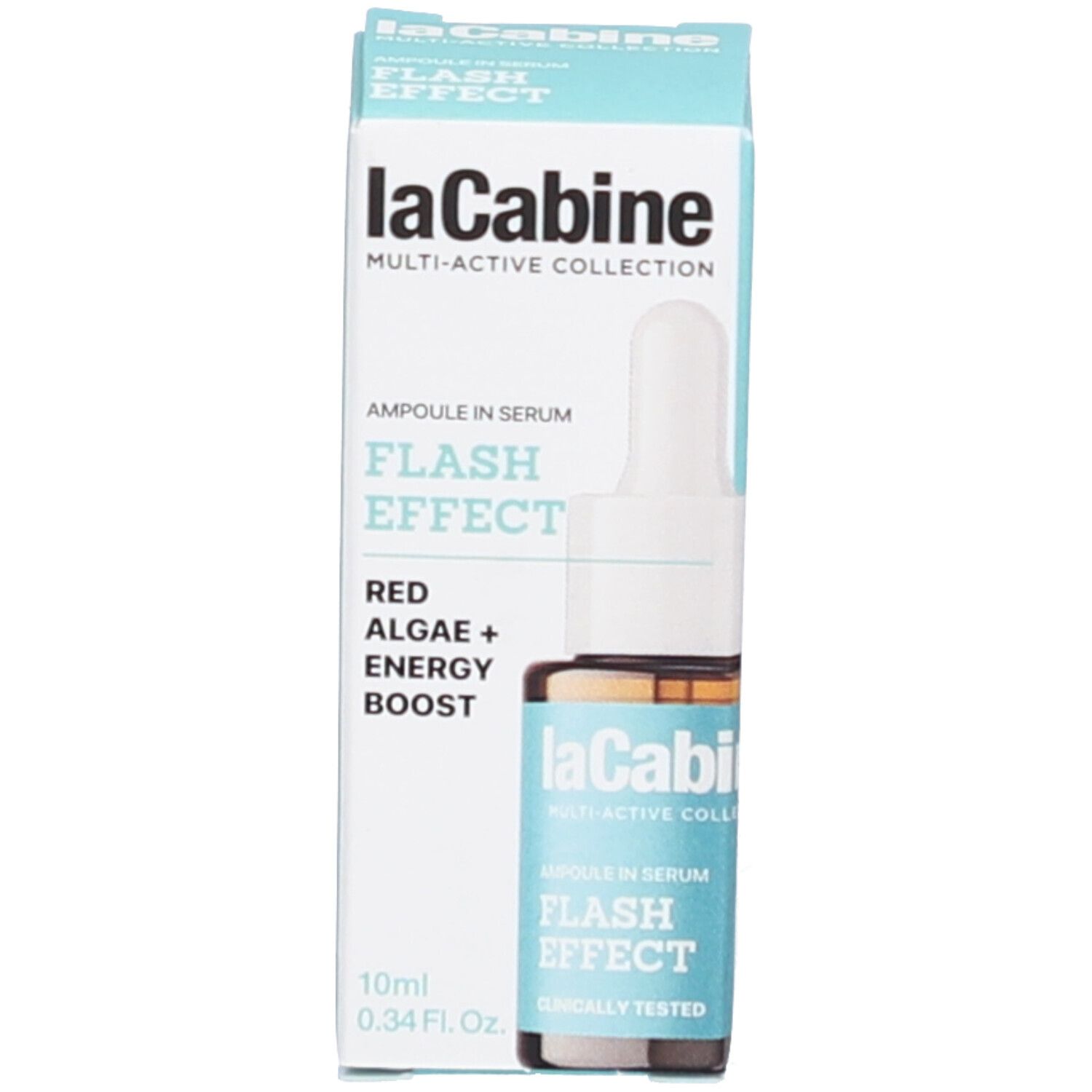 Emballage du produit. Emballage turquoise avec informations produit. Marque Lacabine. Contient un petit flacon.