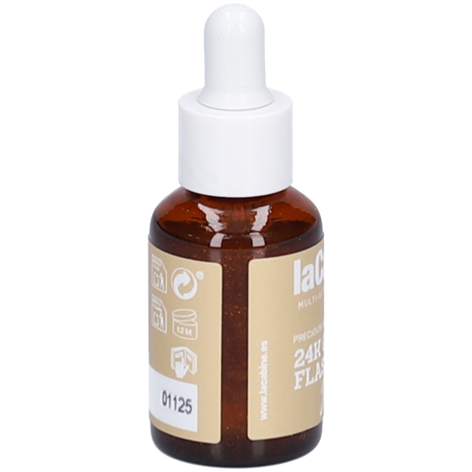 Flacon en verre brun avec compte-gouttes blanc. Étiquette avec informations produit. Inscription : 24K Gold Flash Glow.