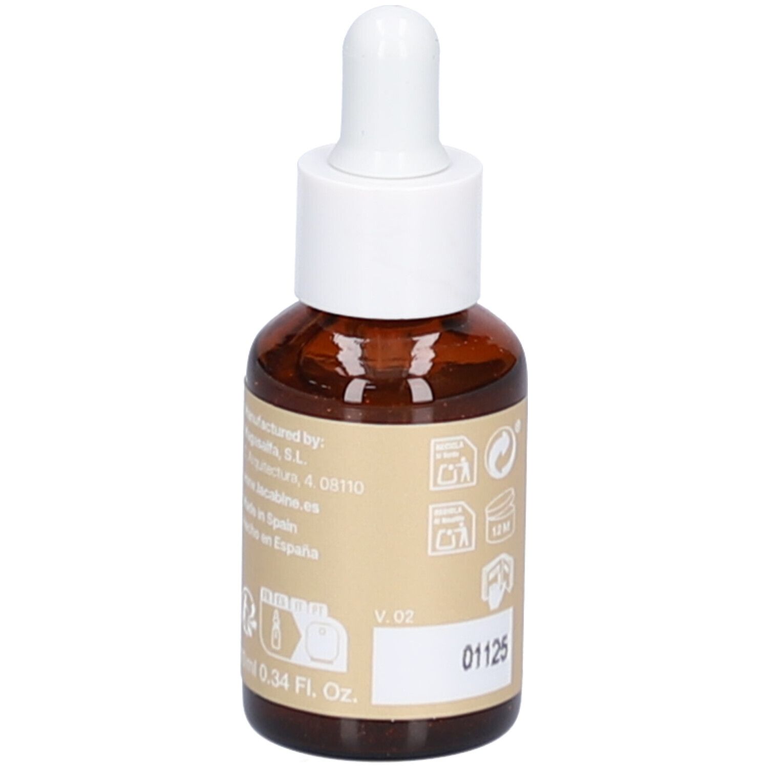 Flacon en verre brun avec compte-gouttes blanc. Étiquette avec informations et pictogrammes. Inscription : 0,34 Fl. Oz.