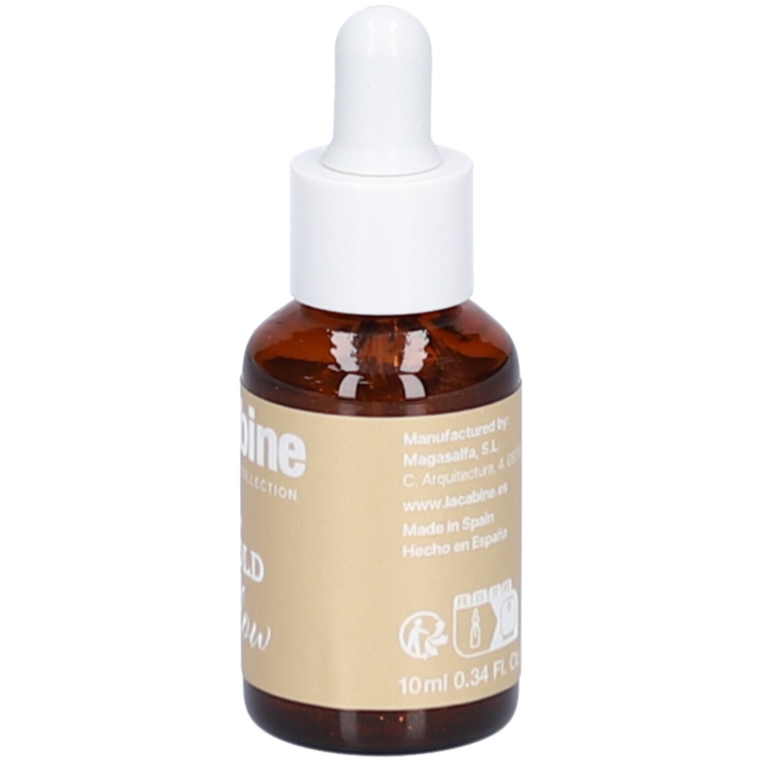 Flacon en verre brun avec compte-gouttes blanc. Étiquette avec informations. Inscription : 10 ml 0.34 Fl. Oz. Fabriqué en Espagne.