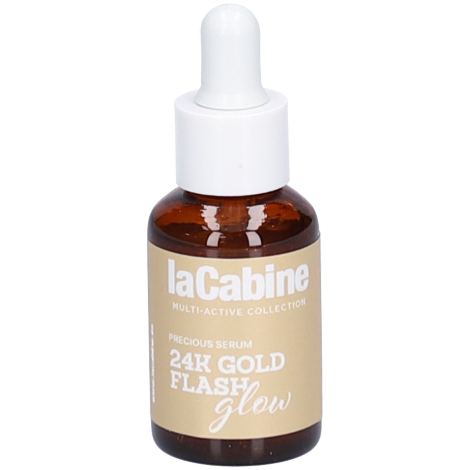 Flacon en verre brun avec compte-gouttes blanc. Étiquette avec informations. Inscription : laCabine, 24K Gold Flash Glow.